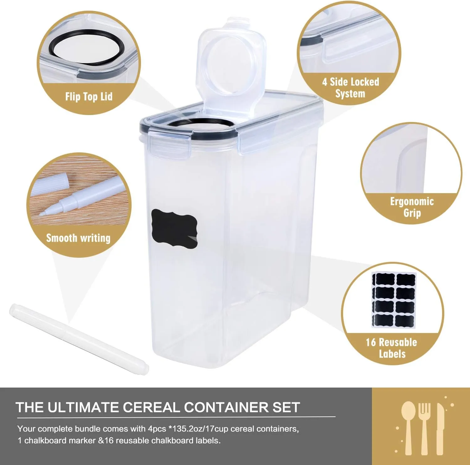 Cereal Containers Storage Set - 4 Piece Airtight Large Food Storage Containers(135.2oz), BPA Free Dispenser Plastic Cereal Storage Containers