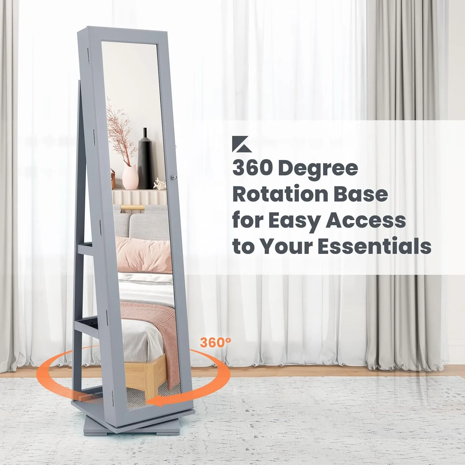 CHARMAID 360° Swivel Jewelry Armoire with Full Length Mirror, Standing Lockable Jewelry Cabinet Organizer, Large Storage Capacity, Inside Makeup Mirror, Back Storage Shelves (Gray)