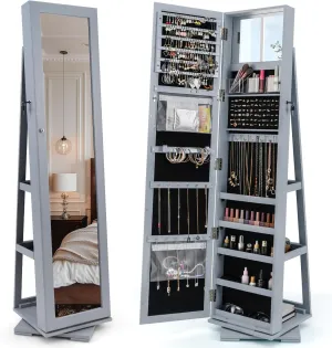 CHARMAID 360° Swivel Jewelry Armoire with Full Length Mirror, Standing Lockable Jewelry Cabinet Organizer, Large Storage Capacity, Inside Makeup Mirror, Back Storage Shelves (Gray)