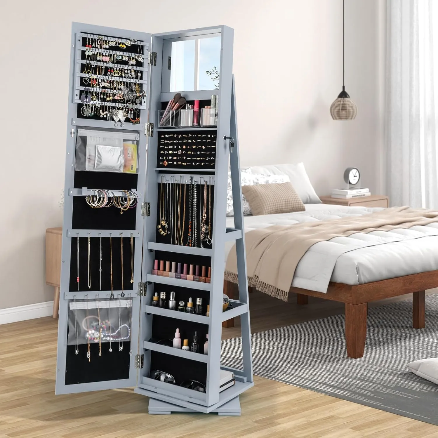 CHARMAID 360° Swivel Jewelry Armoire with Full Length Mirror, Standing Lockable Jewelry Cabinet Organizer, Large Storage Capacity, Inside Makeup Mirror, Back Storage Shelves (Gray)