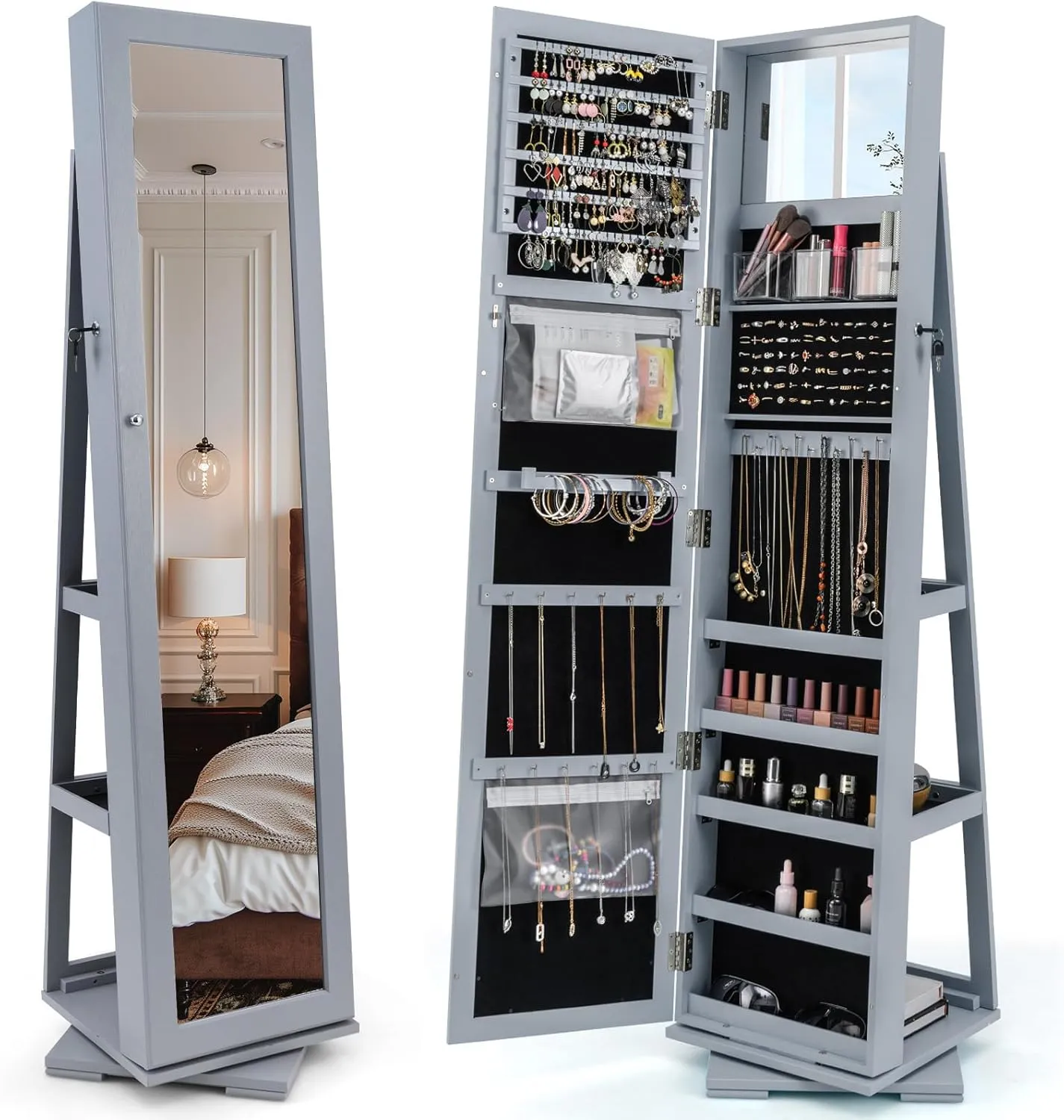 CHARMAID 360° Swivel Jewelry Armoire with Full Length Mirror, Standing Lockable Jewelry Cabinet Organizer, Large Storage Capacity, Inside Makeup Mirror, Back Storage Shelves (Gray)