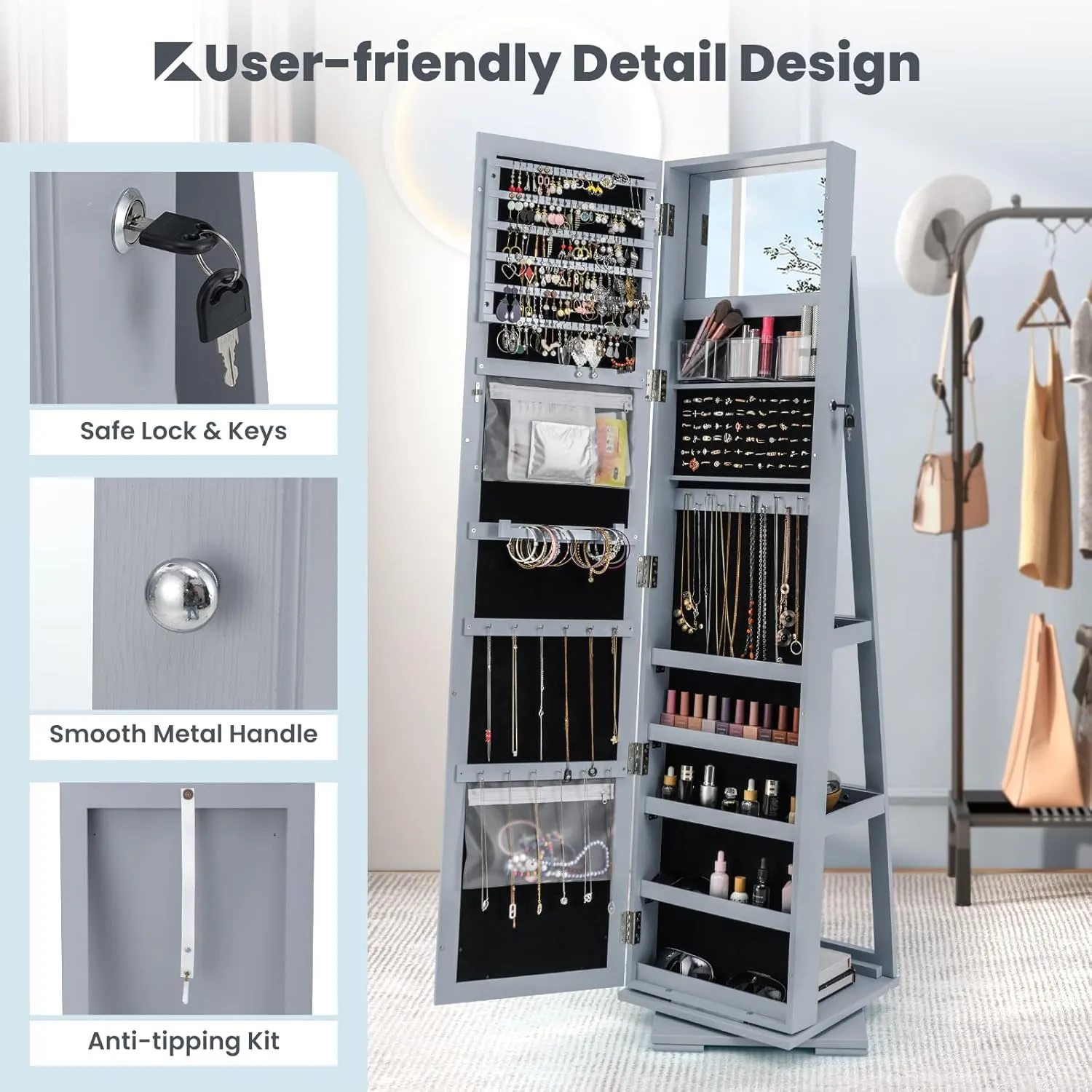 CHARMAID 360° Swivel Jewelry Armoire with Full Length Mirror, Standing Lockable Jewelry Cabinet Organizer, Large Storage Capacity, Inside Makeup Mirror, Back Storage Shelves (Gray)