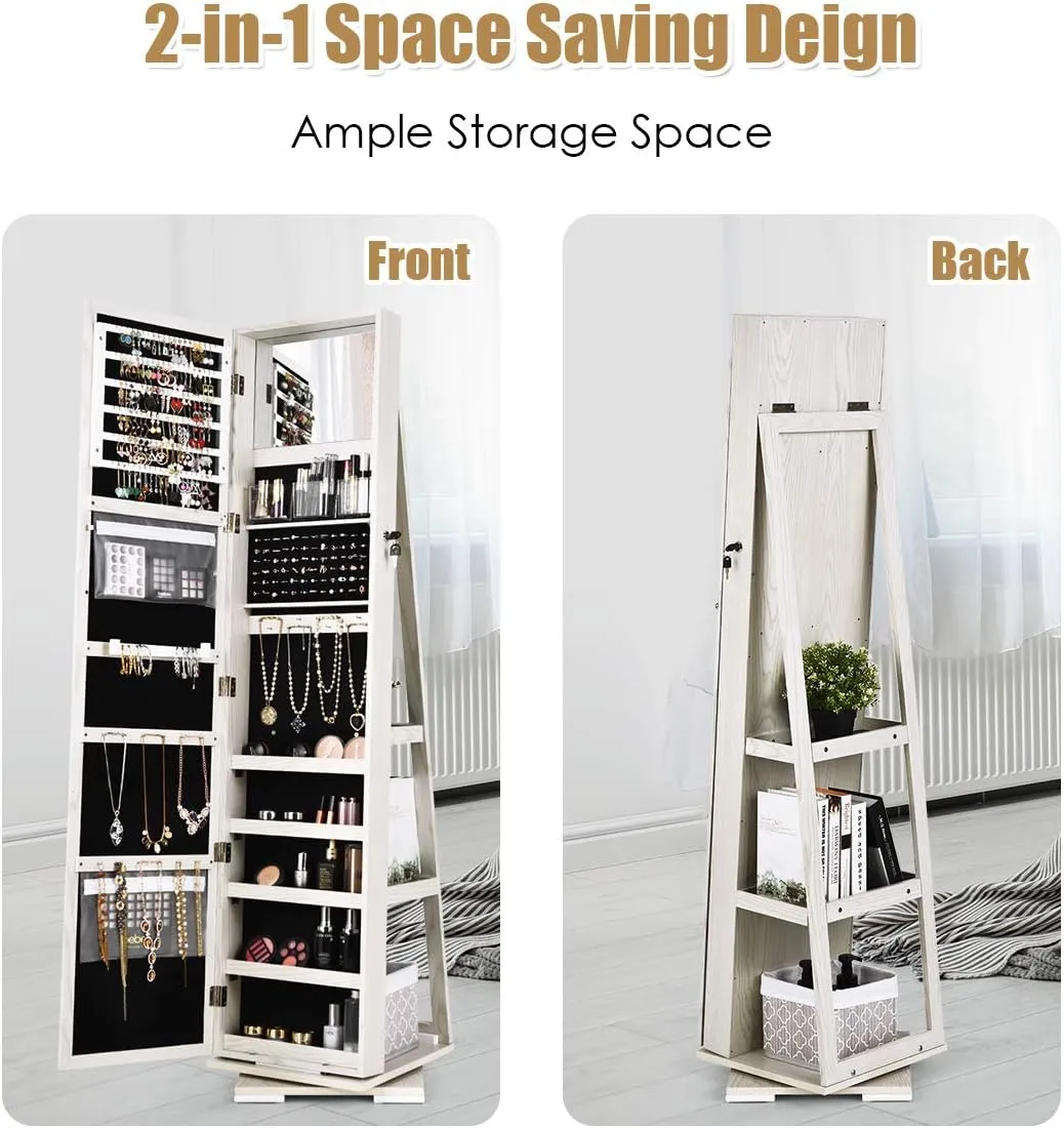 CHARMAID 360° Swivel Jewelry Armoire with Higher Full Length Mirror & Inside Makeup Mirror, Standing Lockable Jewelry Cabinet Organizer, Large Capacity, Back Storage Shelves (Grayish White)