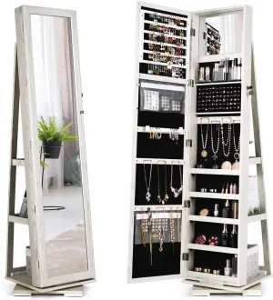 CHARMAID 360° Swivel Jewelry Armoire with Higher Full Length Mirror & Inside Makeup Mirror, Standing Lockable Jewelry Cabinet Organizer, Large Capacity, Back Storage Shelves (Grayish White)