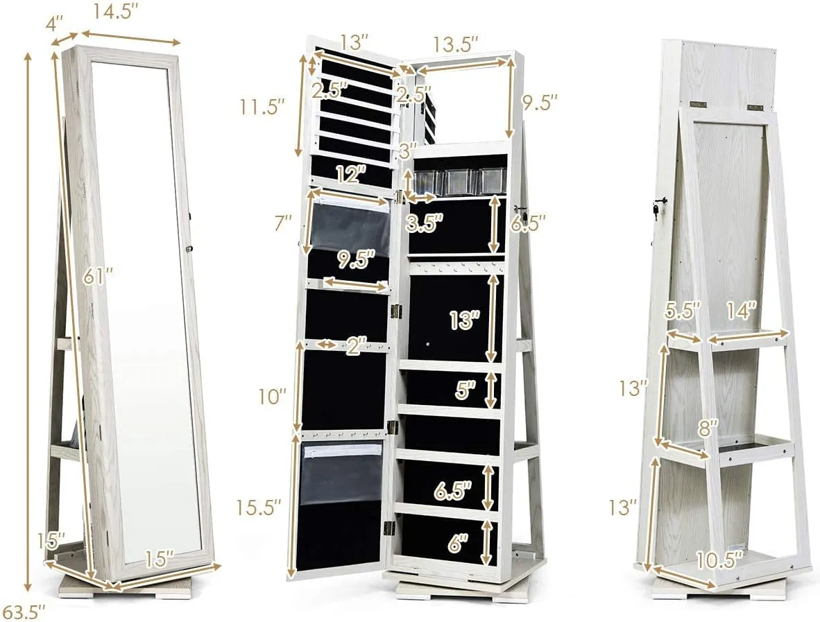 CHARMAID 360° Swivel Jewelry Armoire with Higher Full Length Mirror & Inside Makeup Mirror, Standing Lockable Jewelry Cabinet Organizer, Large Capacity, Back Storage Shelves (Grayish White)