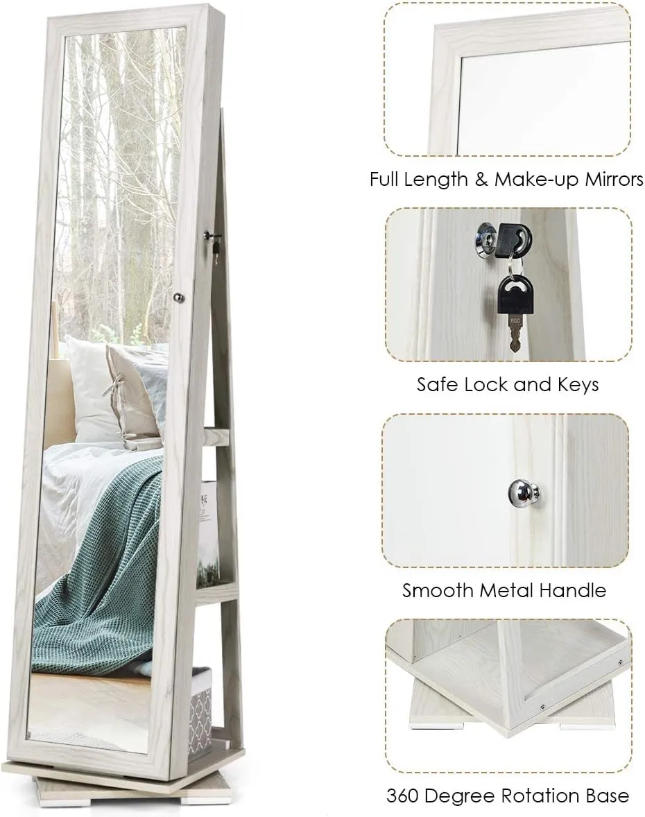 CHARMAID 360° Swivel Jewelry Armoire with Higher Full Length Mirror & Inside Makeup Mirror, Standing Lockable Jewelry Cabinet Organizer, Large Capacity, Back Storage Shelves (Grayish White)