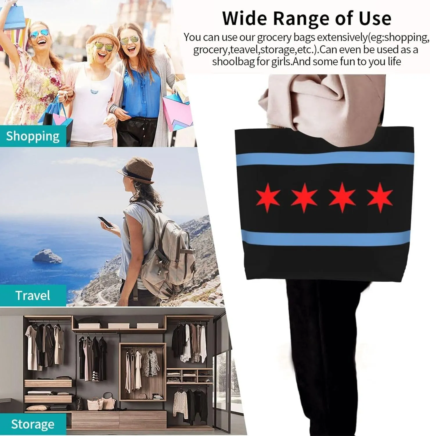 Chicago Canvas Tote Bag Chicago Flag Shoulder Bag Handbag Flag Casual Chicago Grocery Bags for Outdoors