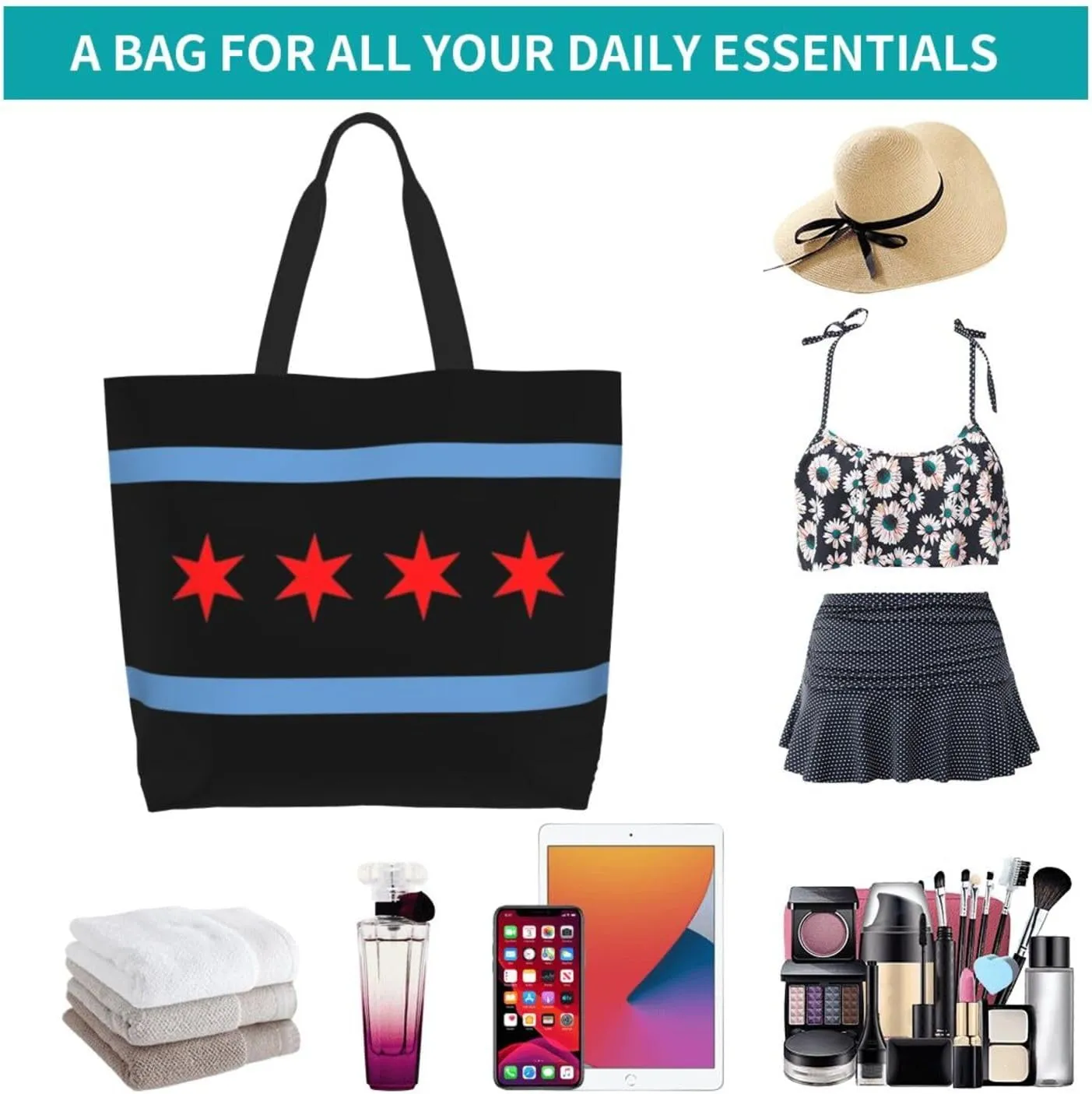 Chicago Canvas Tote Bag Chicago Flag Shoulder Bag Handbag Flag Casual Chicago Grocery Bags for Outdoors