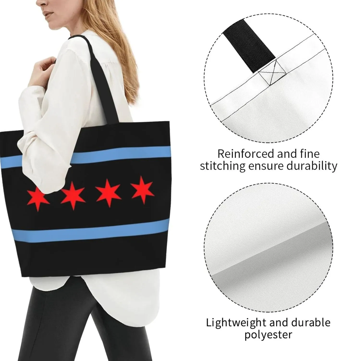 Chicago Canvas Tote Bag Chicago Flag Shoulder Bag Handbag Flag Casual Chicago Grocery Bags for Outdoors