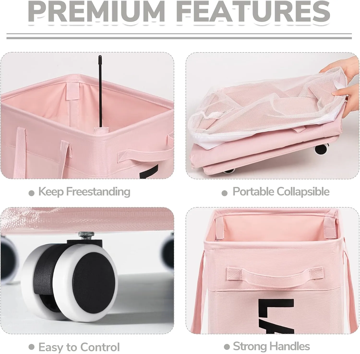 CHICVITA Laundry Hamper with Wheels 2-Pack, 75L Collapsible Laundry Basket with Removable Wash Bags, Pink Laundry Hamper for Corner Dorm, Rolling Laundry Basket on Wheels
