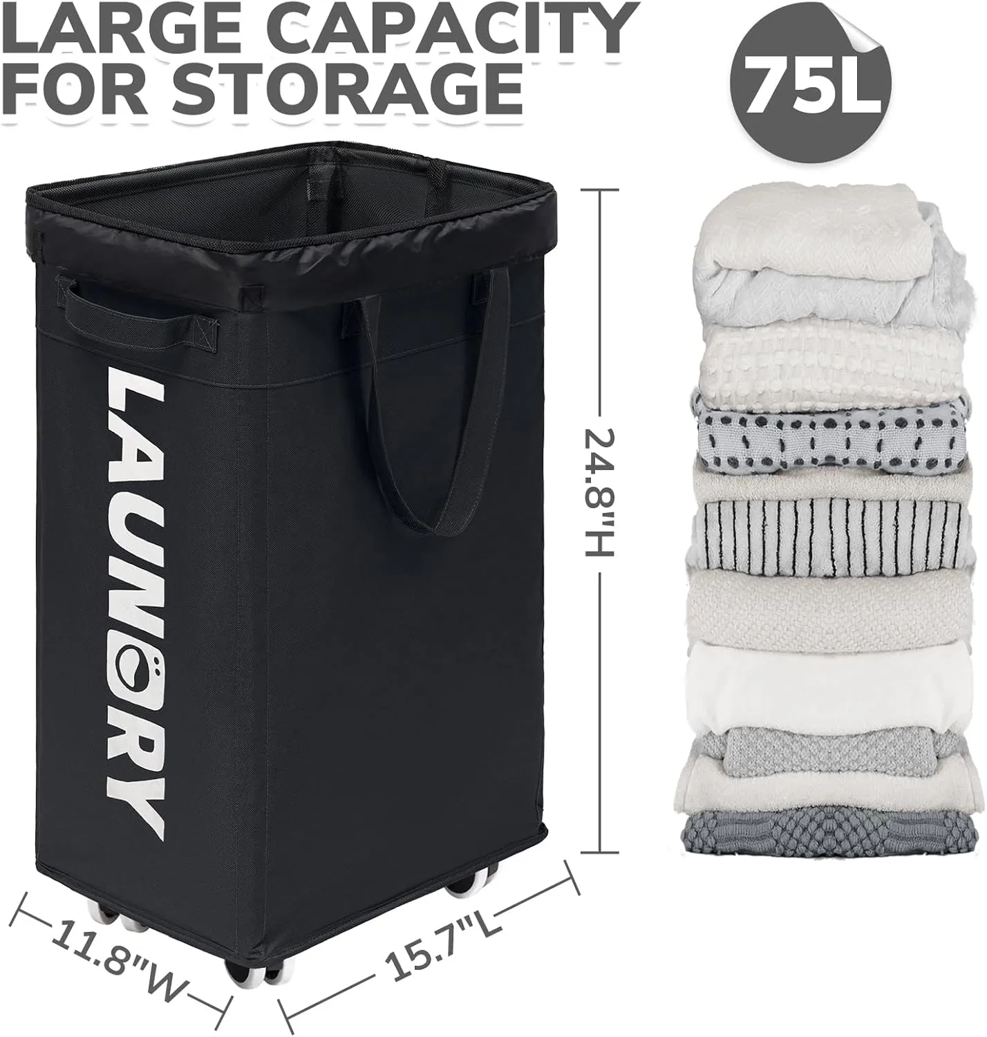 CHICVITA Laundry Hamper with Wheels & Removable Wash Bags -2 Pack, 75L Tall Laundry Basket for Dorms, Large Collapsible Hamper for Corner Spaces - Black