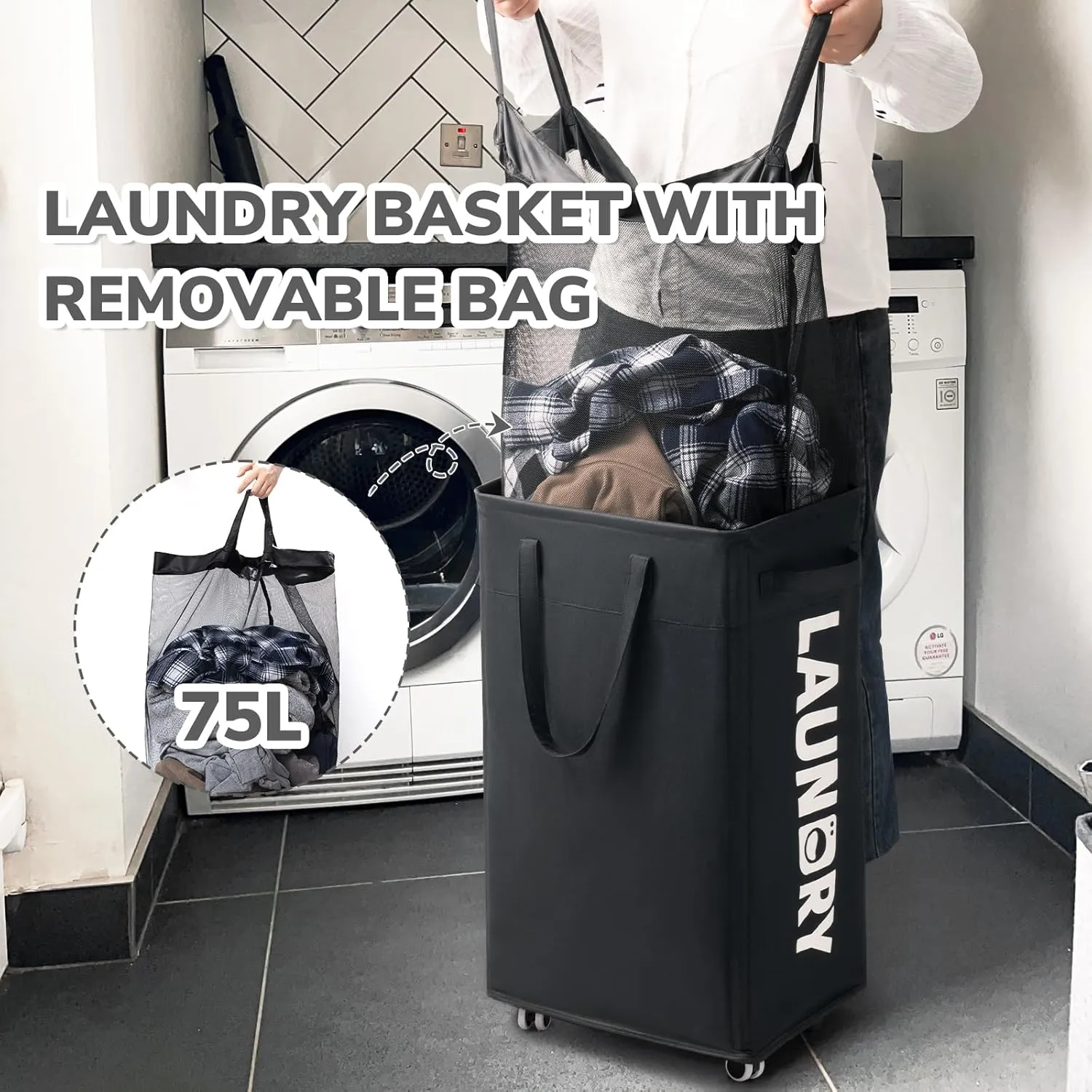 CHICVITA Laundry Hamper with Wheels & Removable Wash Bags -2 Pack, 75L Tall Laundry Basket for Dorms, Large Collapsible Hamper for Corner Spaces - Black