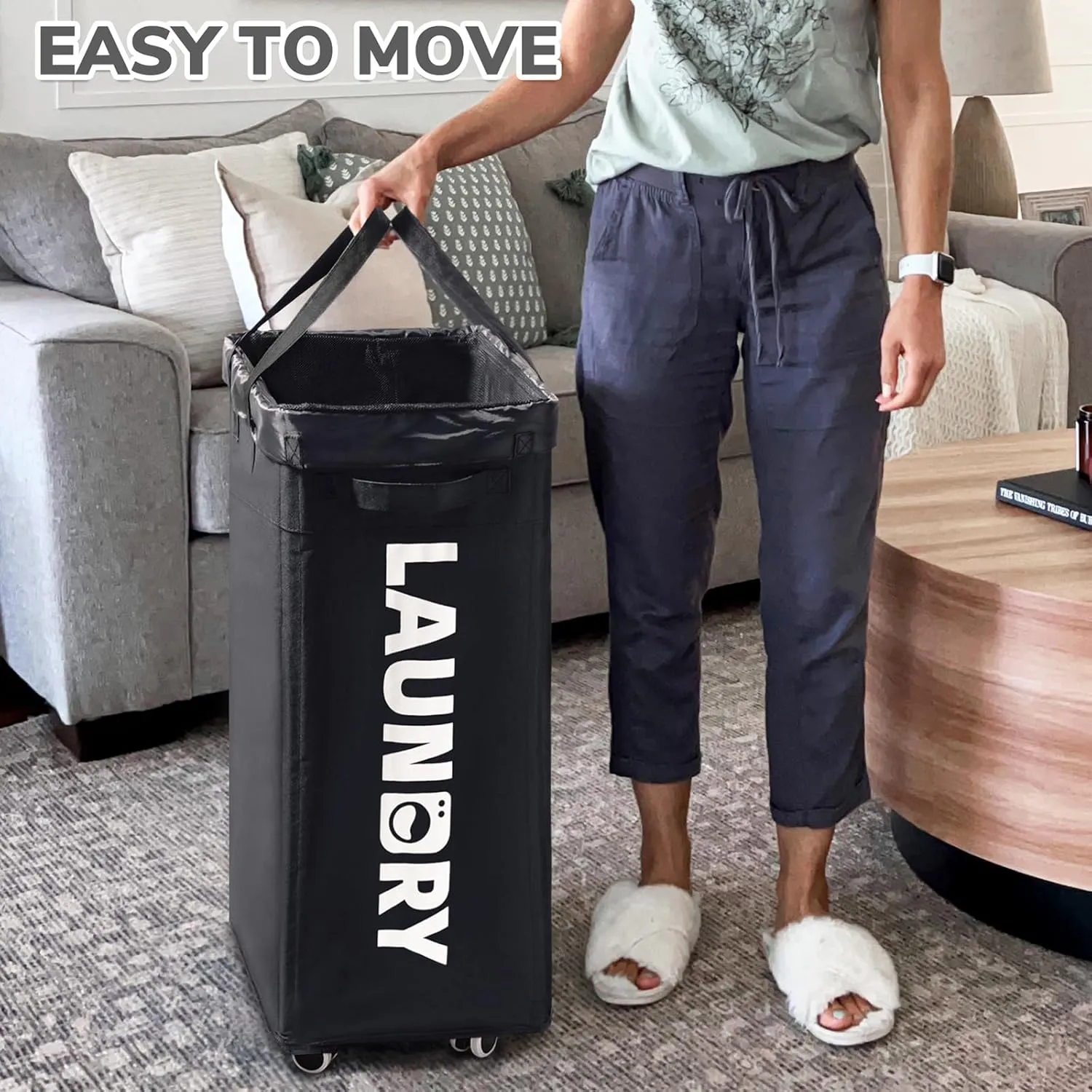 CHICVITA Laundry Hamper with Wheels & Removable Wash Bags -2 Pack, 75L Tall Laundry Basket for Dorms, Large Collapsible Hamper for Corner Spaces - Black