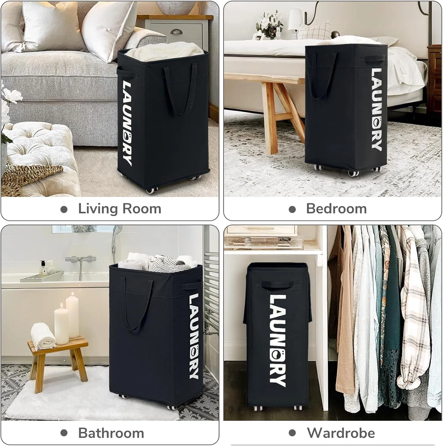 CHICVITA Laundry Hamper with Wheels & Removable Wash Bags -2 Pack, 75L Tall Laundry Basket for Dorms, Large Collapsible Hamper for Corner Spaces - Black