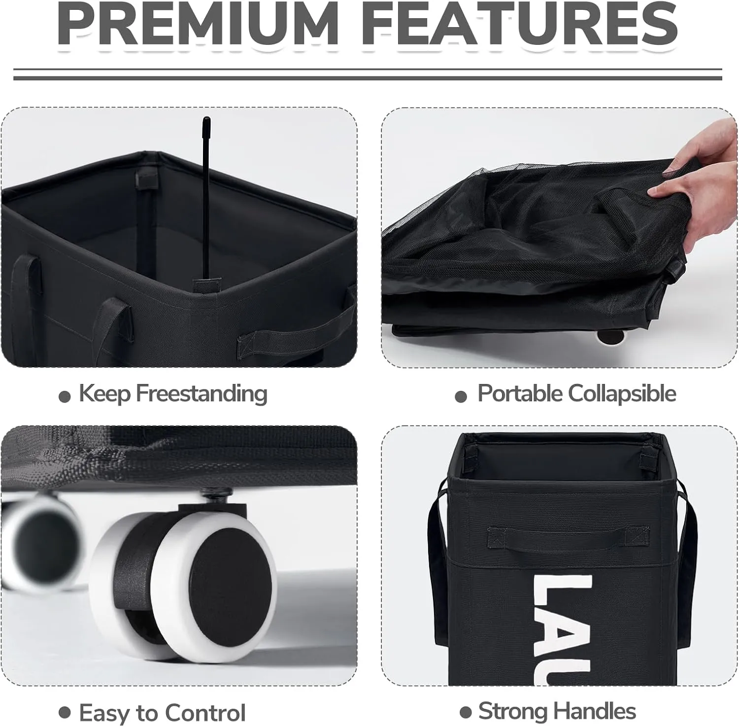 CHICVITA Laundry Hamper with Wheels & Removable Wash Bags -2 Pack, 75L Tall Laundry Basket for Dorms, Large Collapsible Hamper for Corner Spaces - Black