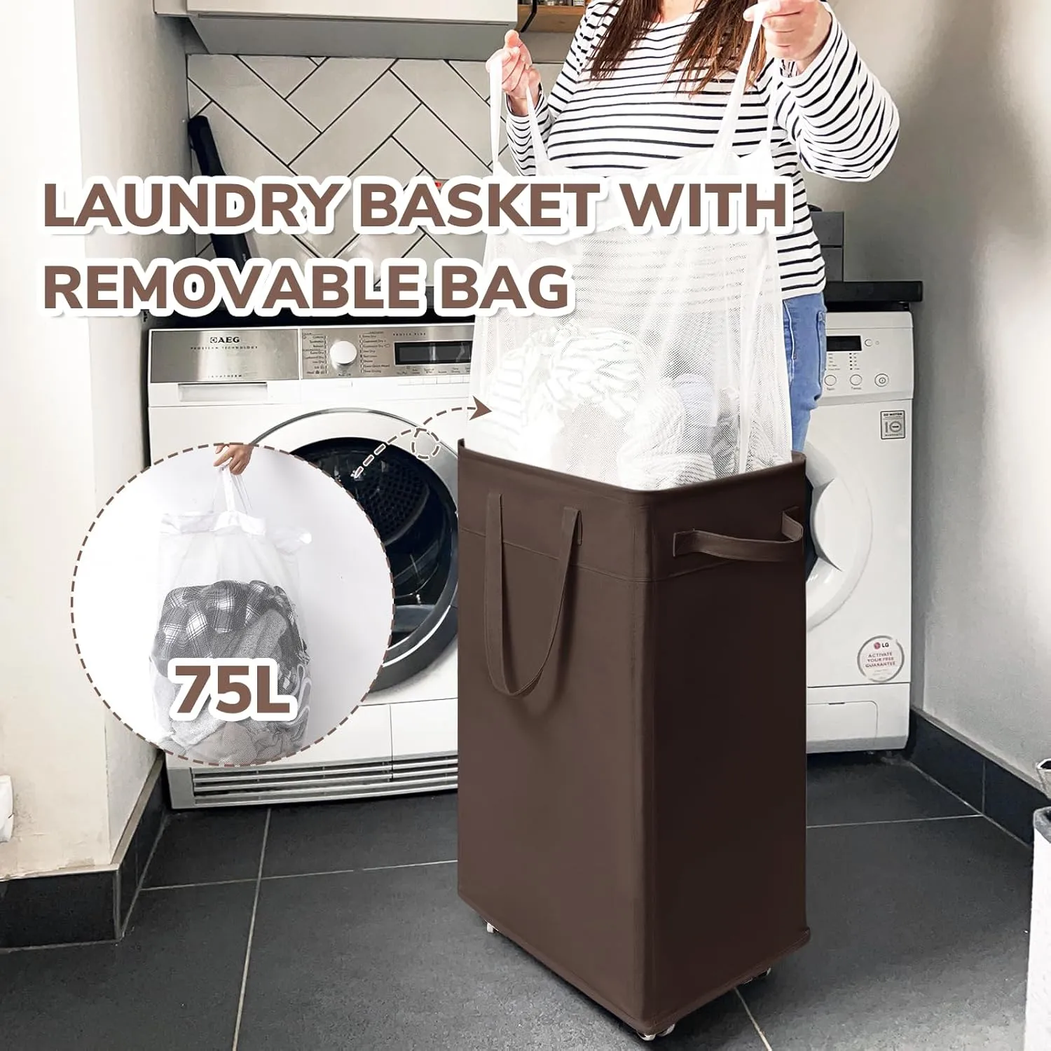 CHICVITA Rolling Laundry Hamper with Wheels, 75L Clothes Hampers for Laundry and Removable Wash Bag, Large Laundry Basket for Living Room, Coffee