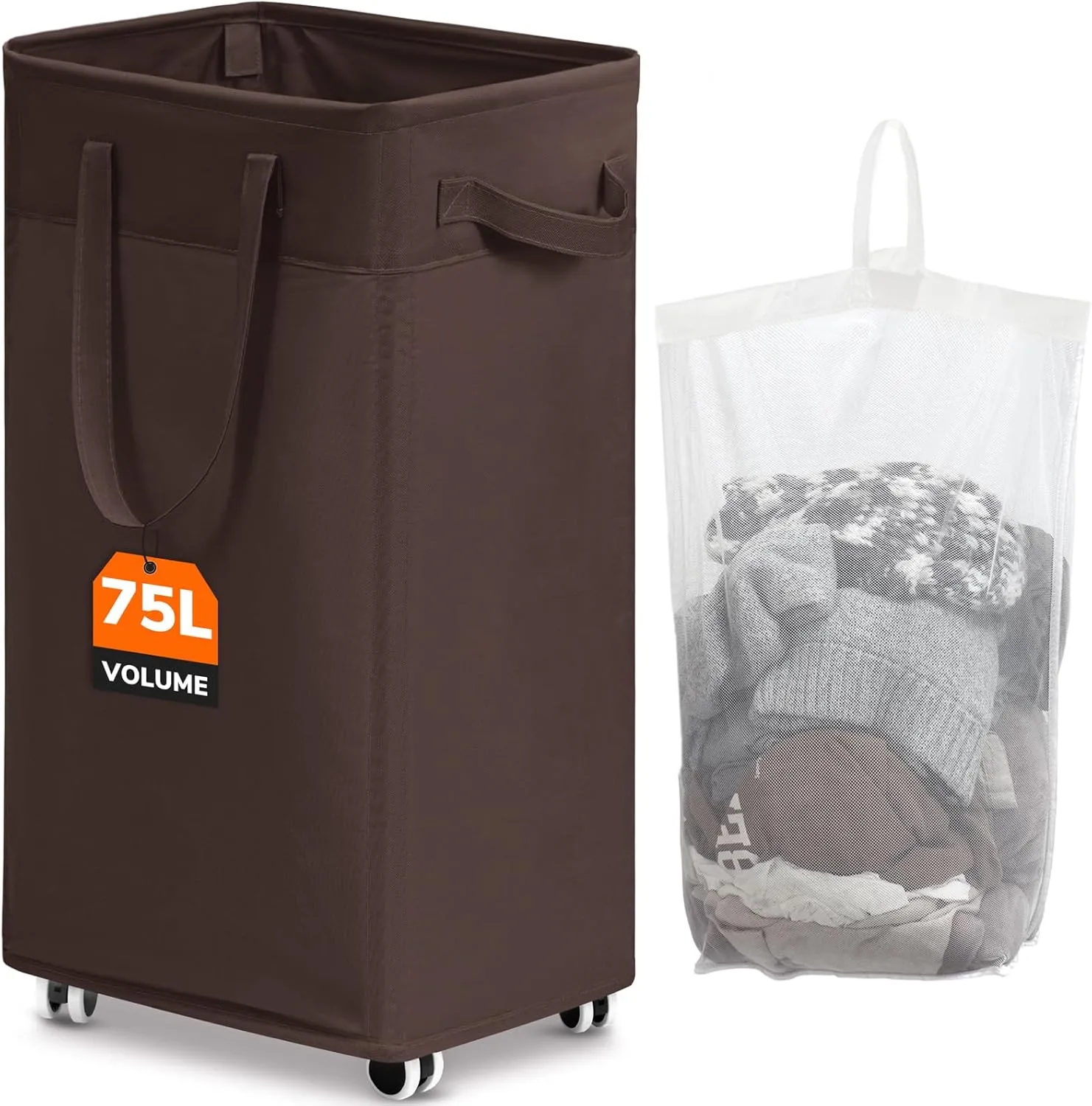CHICVITA Rolling Laundry Hamper with Wheels, 75L Clothes Hampers for Laundry and Removable Wash Bag, Large Laundry Basket for Living Room, Coffee