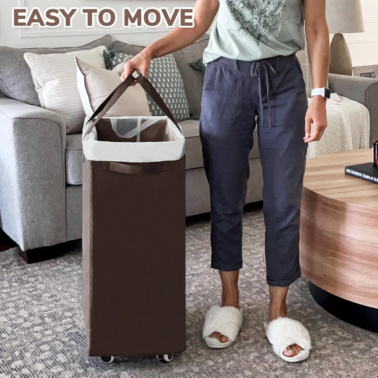 CHICVITA Rolling Laundry Hamper with Wheels, 75L Clothes Hampers for Laundry and Removable Wash Bag, Large Laundry Basket for Living Room, Coffee