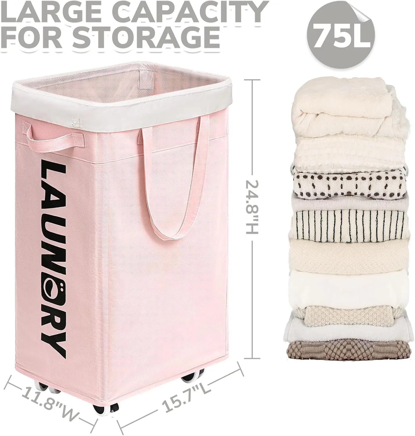 CHICVITA Slim Laundry Hamper with Wheels 75L, Collapsible Rolling Laundry Basket for Living Room, Pink Laundry Hamper for College Dorm