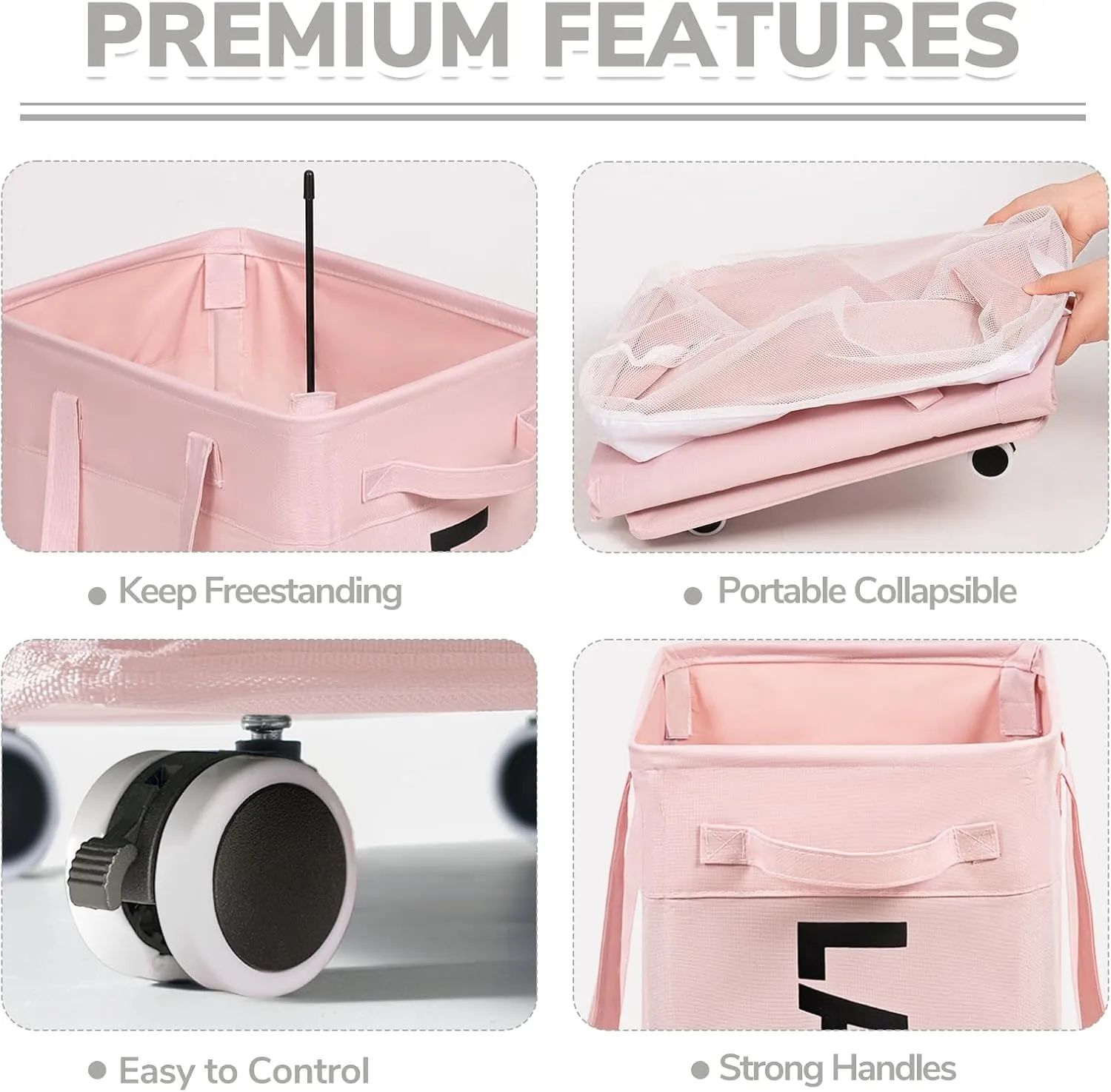 CHICVITA Slim Laundry Hamper with Wheels 75L, Collapsible Rolling Laundry Basket for Living Room, Pink Laundry Hamper for College Dorm