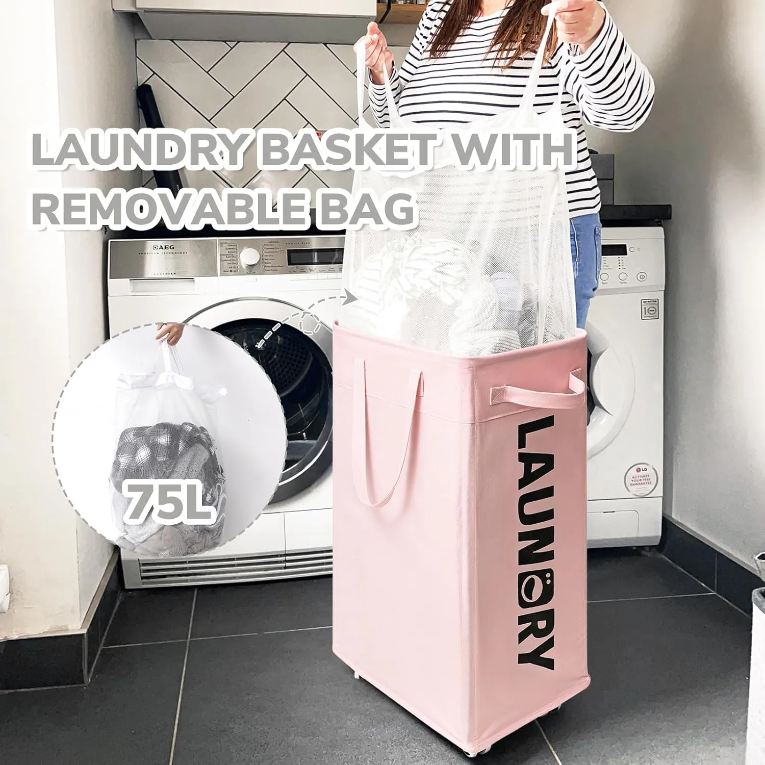 CHICVITA Slim Laundry Hamper with Wheels 75L, Collapsible Rolling Laundry Basket for Living Room, Pink Laundry Hamper for College Dorm