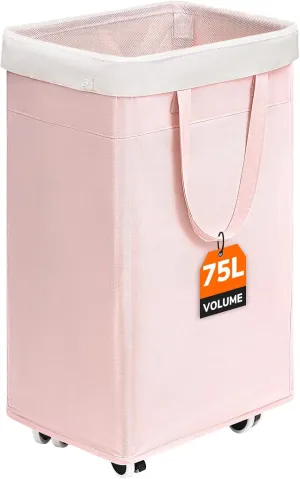 CHICVITA Slim Laundry Hamper with Wheels 75L, Collapsible Rolling Laundry Basket for Living Room, Pink Laundry Hamper for College Dorm