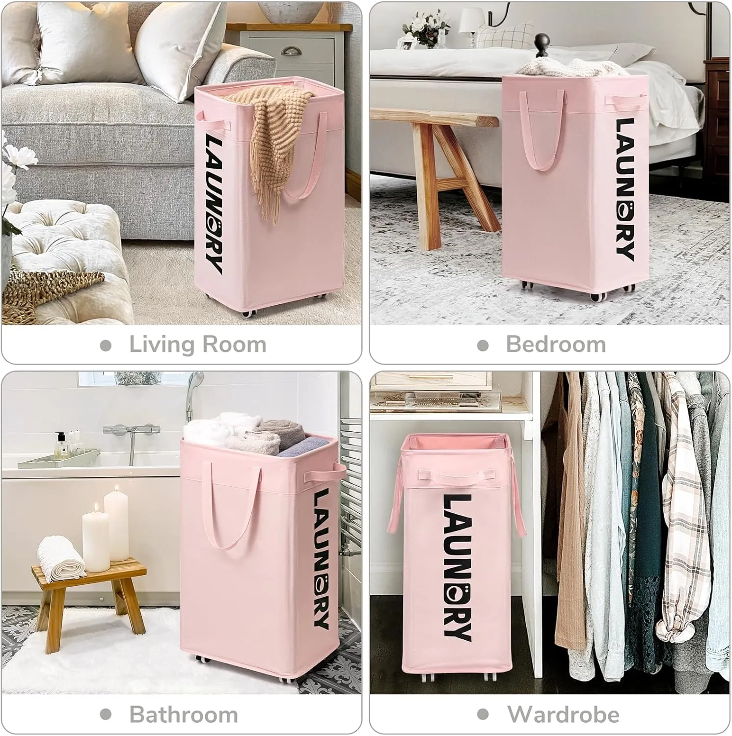 CHICVITA Slim Laundry Hamper with Wheels 75L, Collapsible Rolling Laundry Basket for Living Room, Pink Laundry Hamper for College Dorm