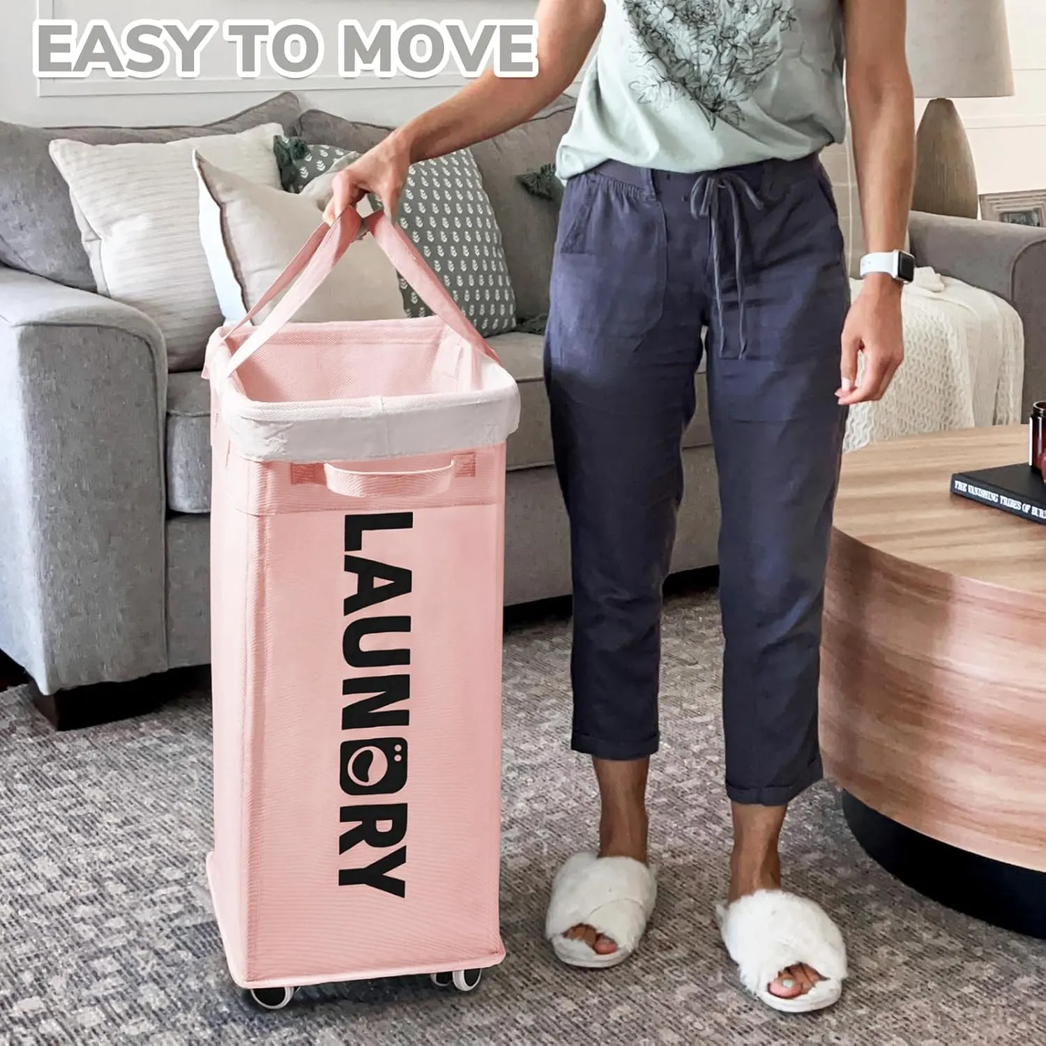 CHICVITA Slim Laundry Hamper with Wheels 75L, Collapsible Rolling Laundry Basket for Living Room, Pink Laundry Hamper for College Dorm