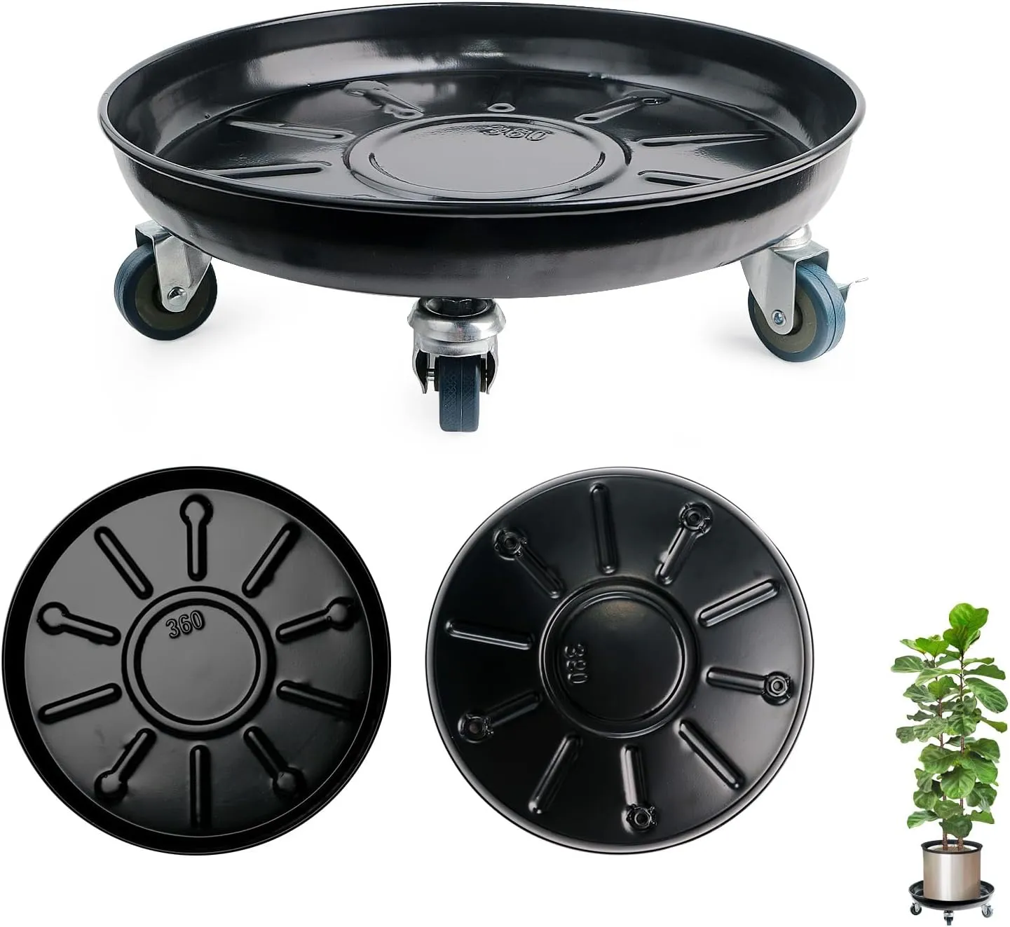 Choclaif Plant Caddy with Wheels,3 Pack Black Heavy Duty Plant Stand with Universal Wheels,Round Pot Trolley for Indoor Outdoor (16.14)