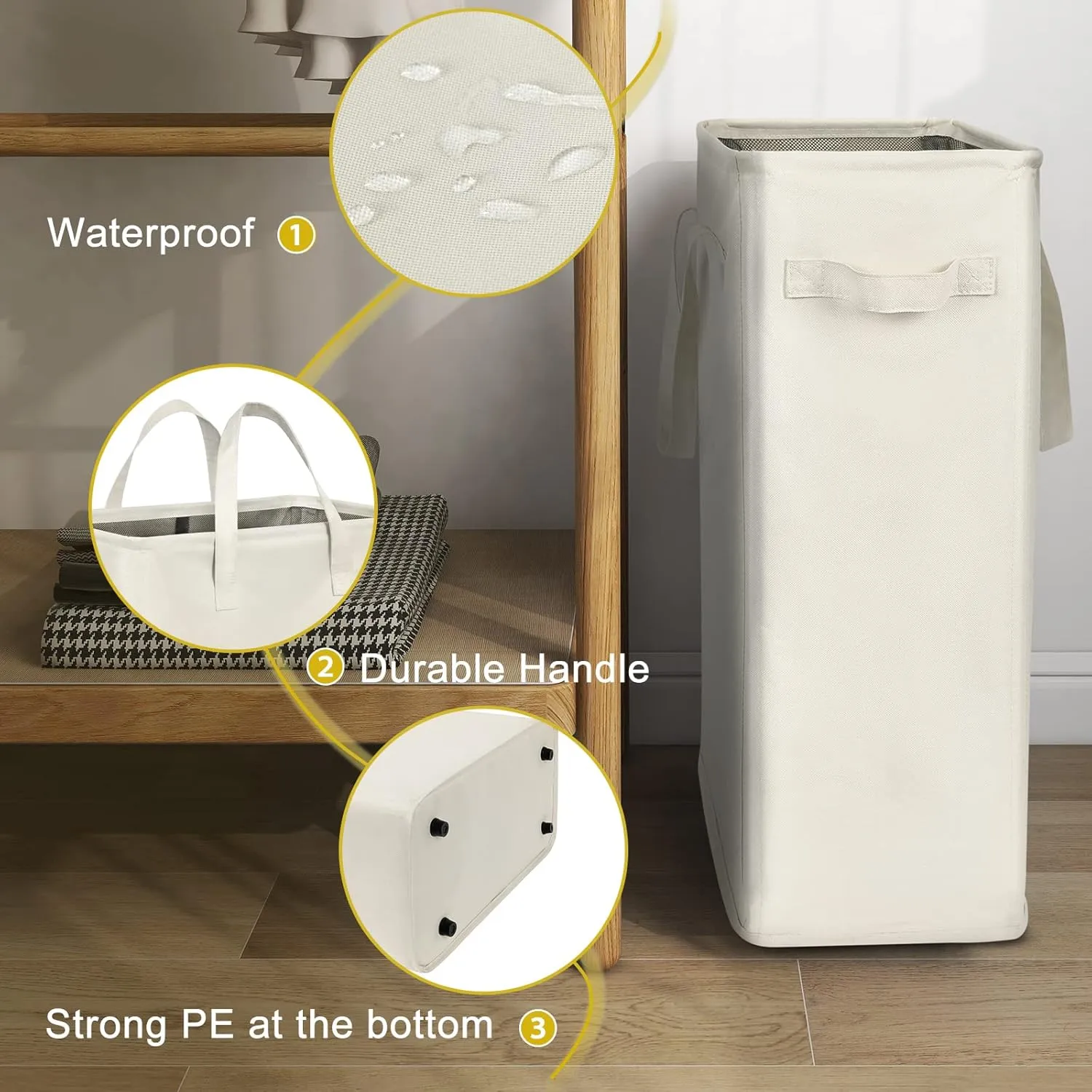 Chrislley 45L Slim Laundry Hamper Narrow Laundry Basket with Handle Foldable Dirty Clothes Portable Skinny Hamper Organizer Storage Bins (22 inches, beige)