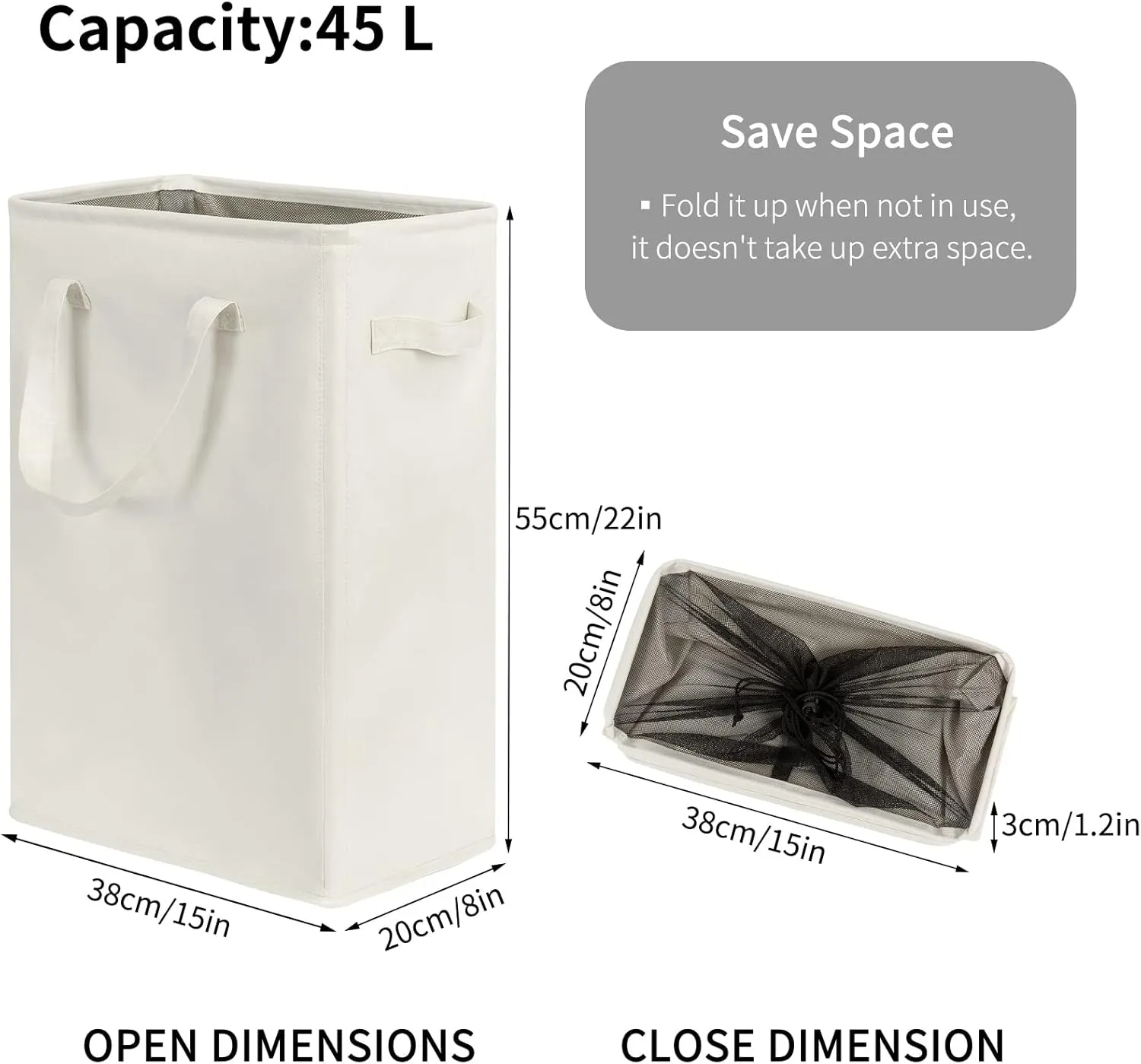 Chrislley 45L Slim Laundry Hamper Narrow Laundry Basket with Handle Foldable Dirty Clothes Portable Skinny Hamper Organizer Storage Bins (22 inches, beige)
