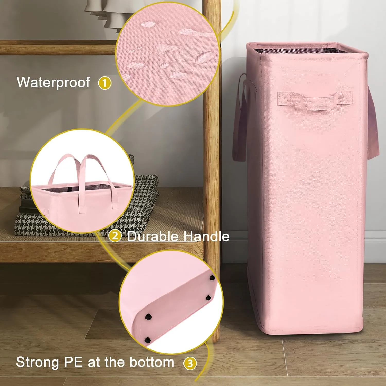 Chrislley 45L Slim Laundry Hamper Narrow Laundry Basket with Handle Foldable Dirty Clothes Portable Skinny Hamper Organizer Storage Bins (22 inches, pink)
