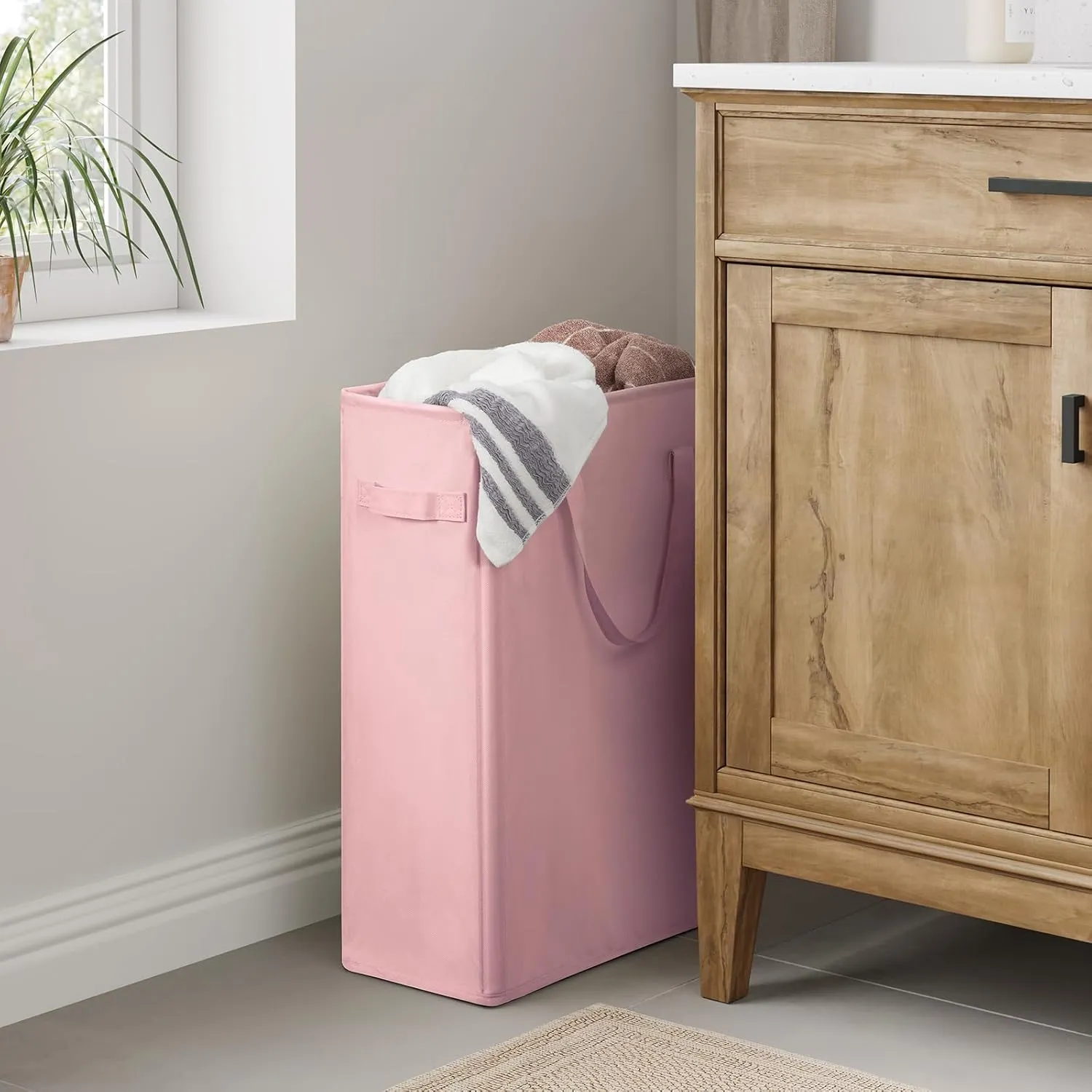 Chrislley 45L Slim Laundry Hamper Narrow Laundry Basket with Handle Foldable Dirty Clothes Portable Skinny Hamper Organizer Storage Bins (22 inches, pink)