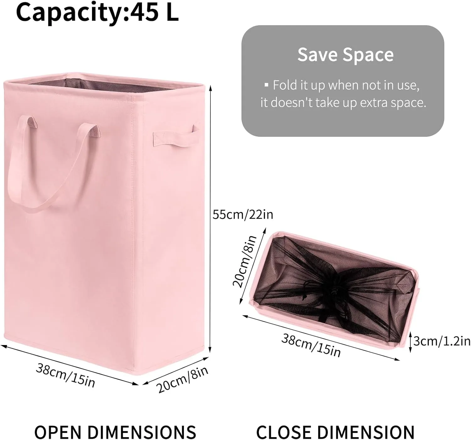 Chrislley 45L Slim Laundry Hamper Narrow Laundry Basket with Handle Foldable Dirty Clothes Portable Skinny Hamper Organizer Storage Bins (22 inches, pink)