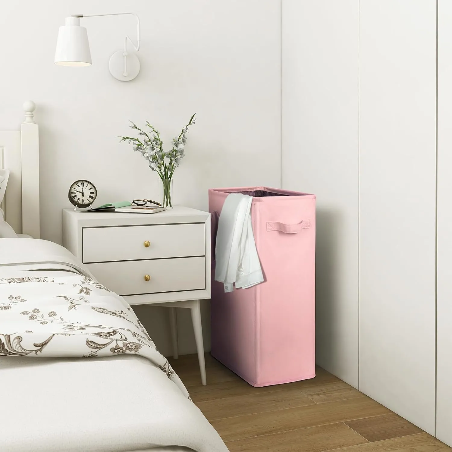 Chrislley 45L Slim Laundry Hamper Narrow Laundry Basket with Handle Foldable Dirty Clothes Portable Skinny Hamper Organizer Storage Bins (22 inches, pink)