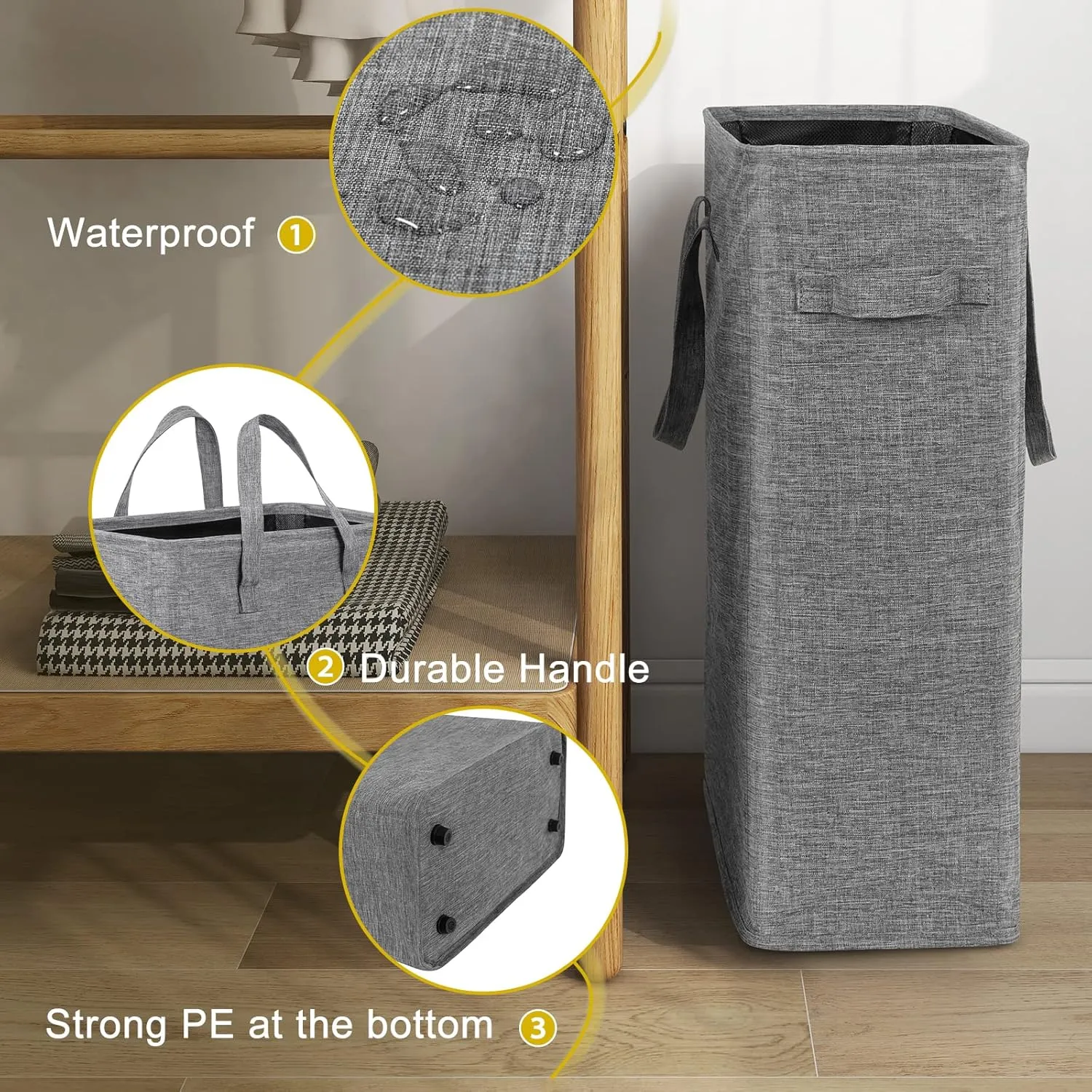Chrislley 45L Slim Laundry Hamper Narrow Laundry Basket with Handle Foldable Dirty Clothes Portable Skinny Hamper Organizer Storage Bins (22 inches, Upgrade Grey)