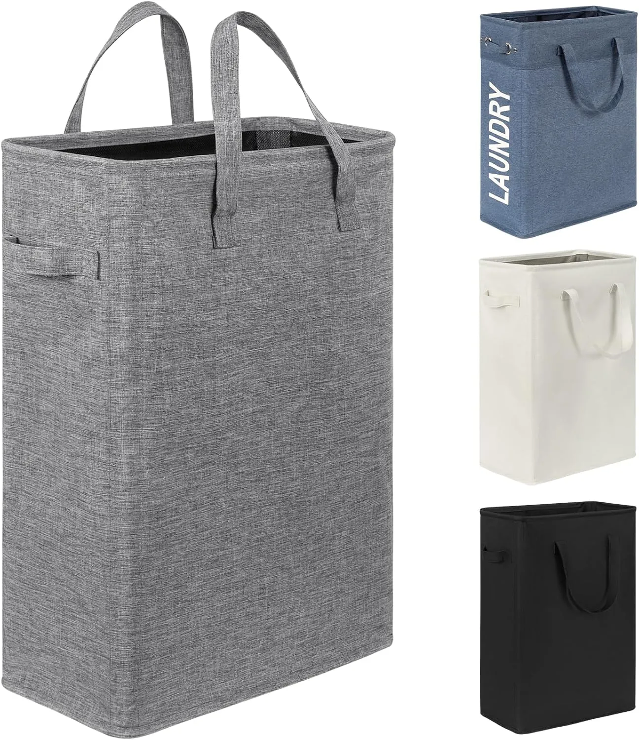 Chrislley 45L Slim Laundry Hamper Narrow Laundry Basket with Handle Foldable Dirty Clothes Portable Skinny Hamper Organizer Storage Bins (22 inches, Upgrade Grey)