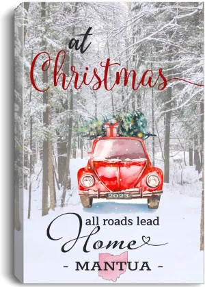 Christmas Canvas Wall Art 16"x24" For Home Decor Mantua Ohio OH State - At Christmas All Roads Lead Home With Merry Christmas Red Truck And Snow Decorated Tree
