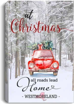 Christmas Canvas Wall Art 16"x24" For Home Decor Westmoreland New York NY State - At Christmas All Roads Lead Home With Merry Christmas Red Truck And Snow Decorated Tree