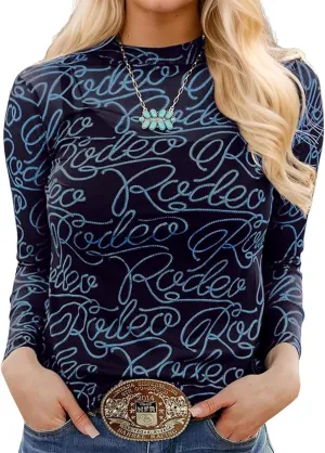 Chvity Women's Long Sleeve Mock Neck Tops Sexy See Through Mesh Going Out Tops Y2k Sheer Letter Printes Western Rodeo Outfit
