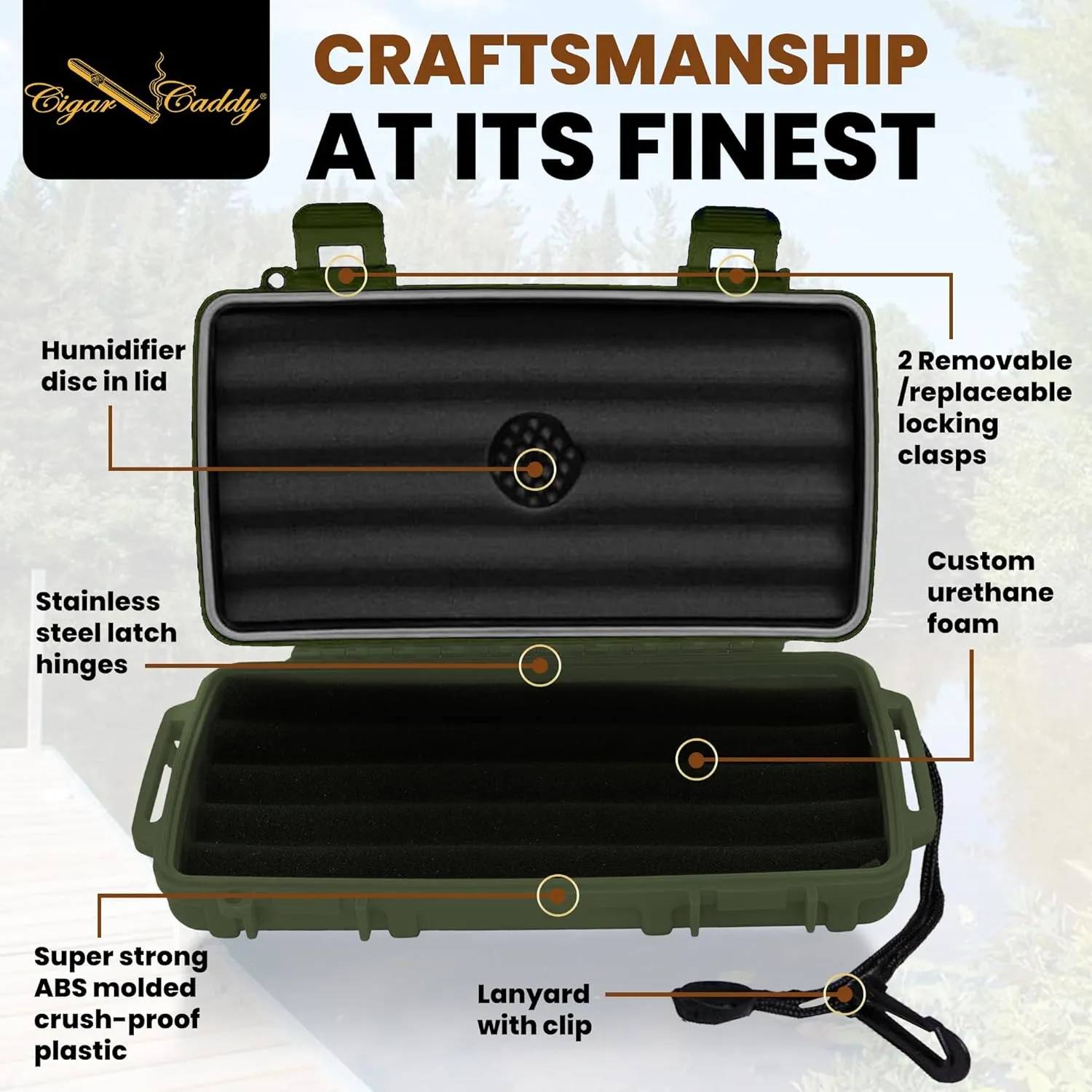 Cigar Caddy Matte Green Travel Cigar Humidor Case with Airtight Seal | Portable Humidor Box Cigar Travel Kit | Waterproof, Crush-Proof Cigar Holder with Humidifier Disc, Holds 5 Churchill Cigars
