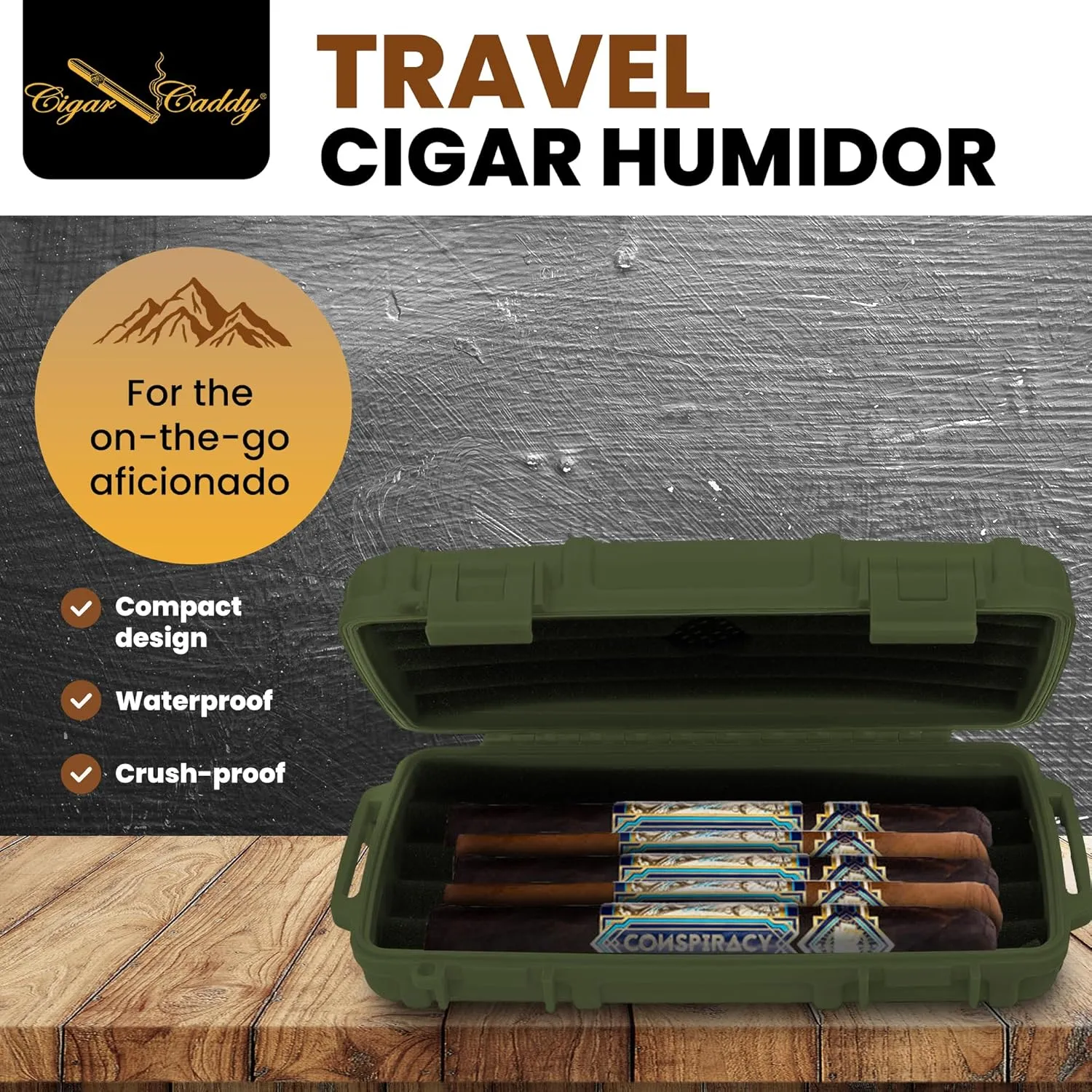 Cigar Caddy Matte Green Travel Cigar Humidor Case with Airtight Seal | Portable Humidor Box Cigar Travel Kit | Waterproof, Crush-Proof Cigar Holder with Humidifier Disc, Holds 5 Churchill Cigars