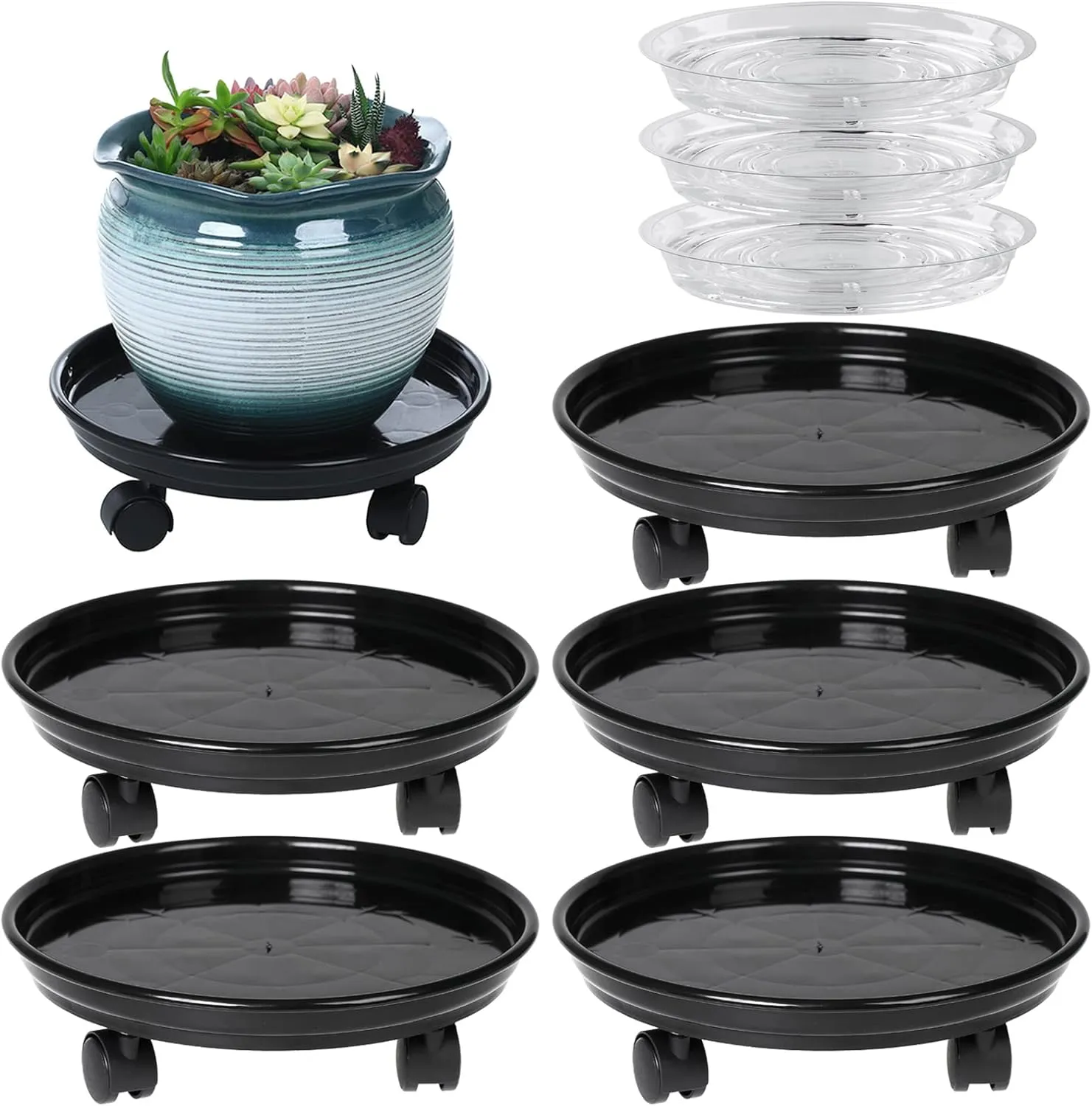 Circloophs 5 Packs Plastic Plant Caddy with Casters 12" Heavy-Duty Plant Dolly Rolling Plant Stand with Wheels for Moving Heavy and Large Plant Pot Saucers Plant Rollers Indoor and Outdoor, Black