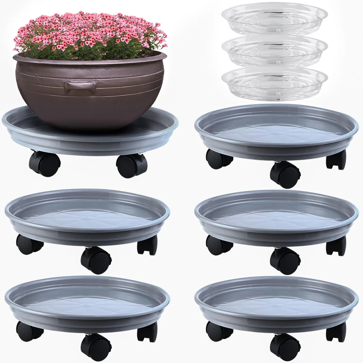 Circloophs 5 Packs Plastic Plant Caddy with Wheels 12 Inches Heavy-Duty Rolling Plant Stands with Casters Plant Roller Base for Moving Heavy Plant Pots Indoor and Outdoor Plant Mover Saucers, Grey