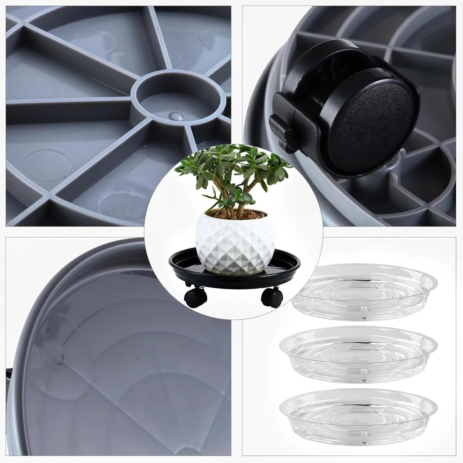 Circloophs 5 Packs Plastic Plant Caddy with Wheels 12 Inches Heavy-Duty Rolling Plant Stands with Casters Plant Roller Base for Moving Heavy Plant Pots Indoor and Outdoor Plant Mover Saucers, Grey