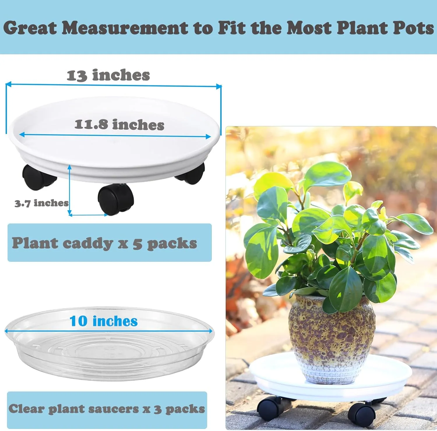 Circloophs 5 Packs Plastic Rolling Plant Caddy with Casters Heavy Duty 12 inches Plant Dolly with Wheels for Moving Heavy Plant Pot Saucers Inddor and Outdoor, White