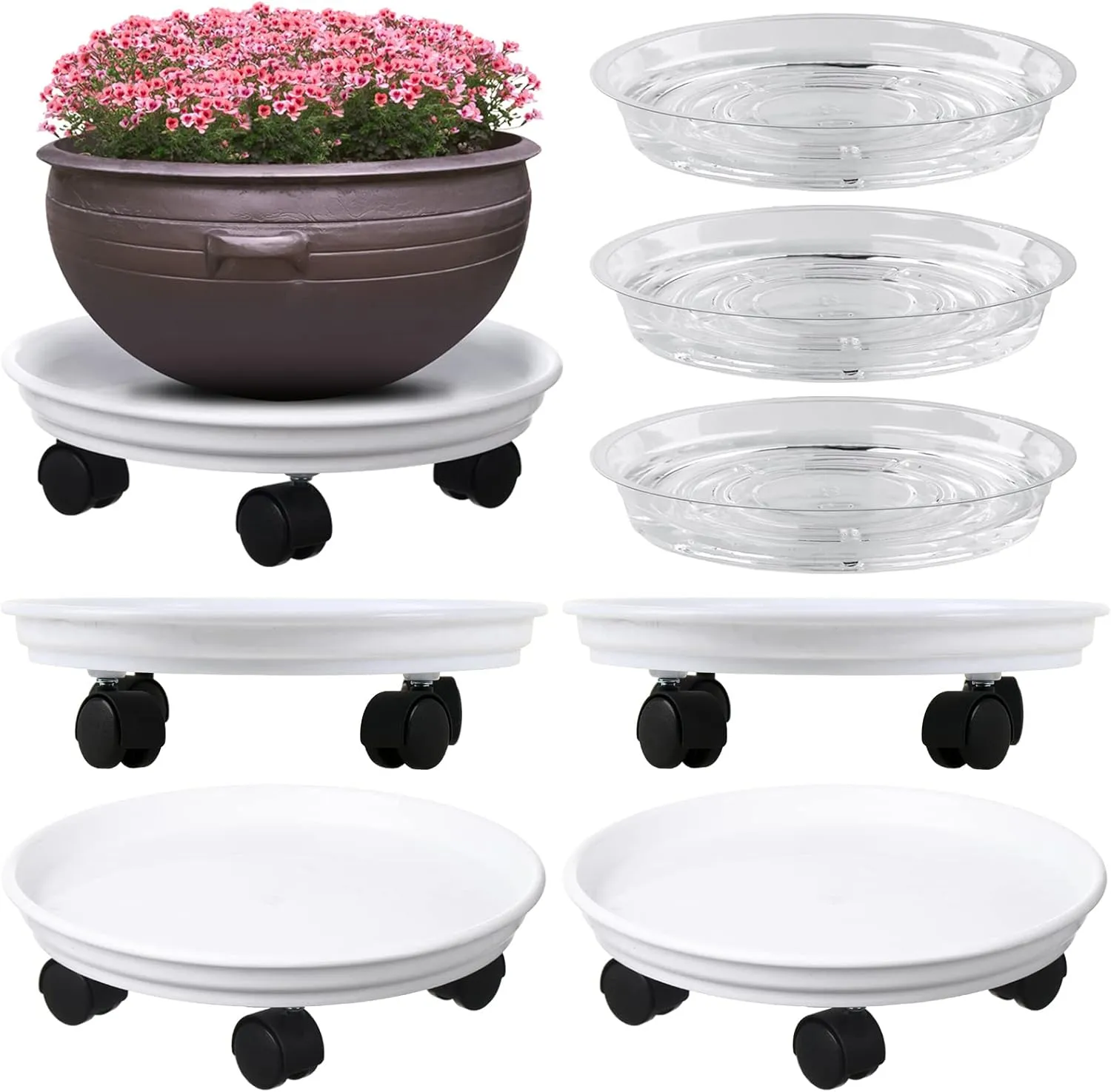 Circloophs 5 Packs Plastic Rolling Plant Caddy with Casters Heavy Duty 12 inches Plant Dolly with Wheels for Moving Heavy Plant Pot Saucers Inddor and Outdoor, White