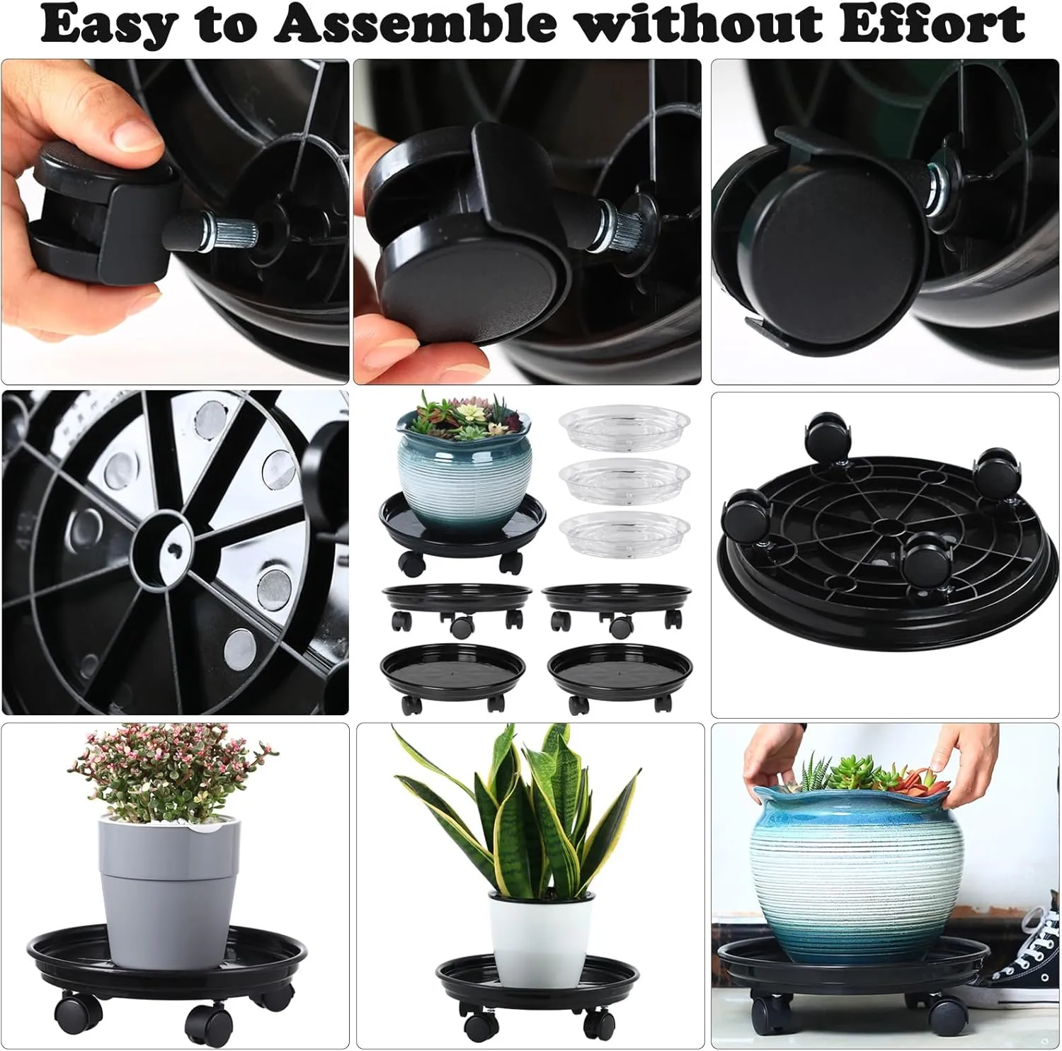 Circloophs 7 Packs Plastic Plant Caddy with Casters 12" Heavy-Duty Plant Dolly Rolling Plant Stand with Wheels for Moving Heavy and Large Plant Pot Saucers Plant Rollers Indoor and Outdoor, Black