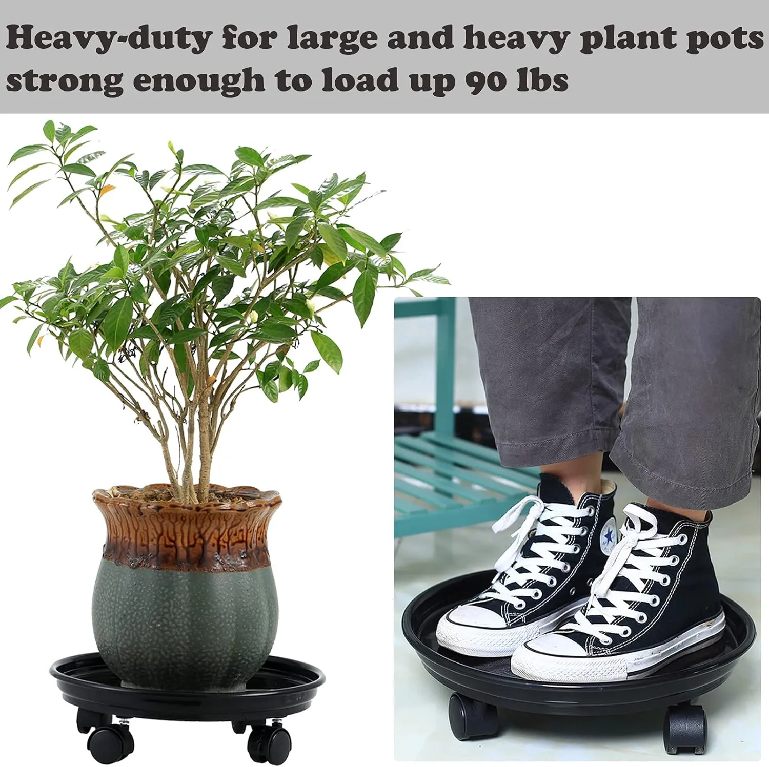 Circloophs 7 Packs Plastic Plant Caddy with Casters 12" Heavy-Duty Plant Dolly Rolling Plant Stand with Wheels for Moving Heavy and Large Plant Pot Saucers Plant Rollers Indoor and Outdoor, Black