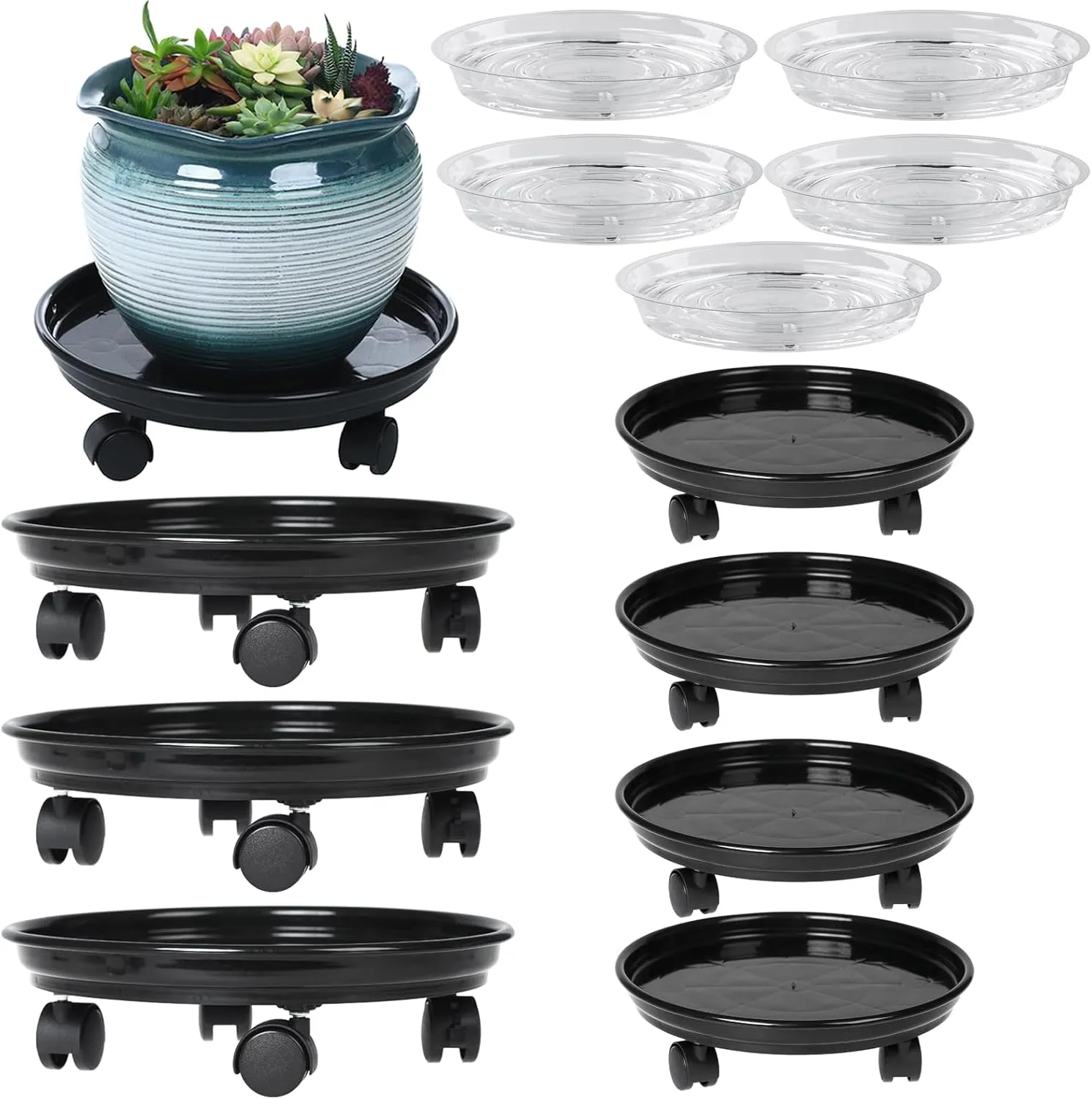 Circloophs 7 Packs Plastic Plant Caddy with Casters 12" Heavy-Duty Plant Dolly Rolling Plant Stand with Wheels for Moving Heavy and Large Plant Pot Saucers Plant Rollers Indoor and Outdoor, Black